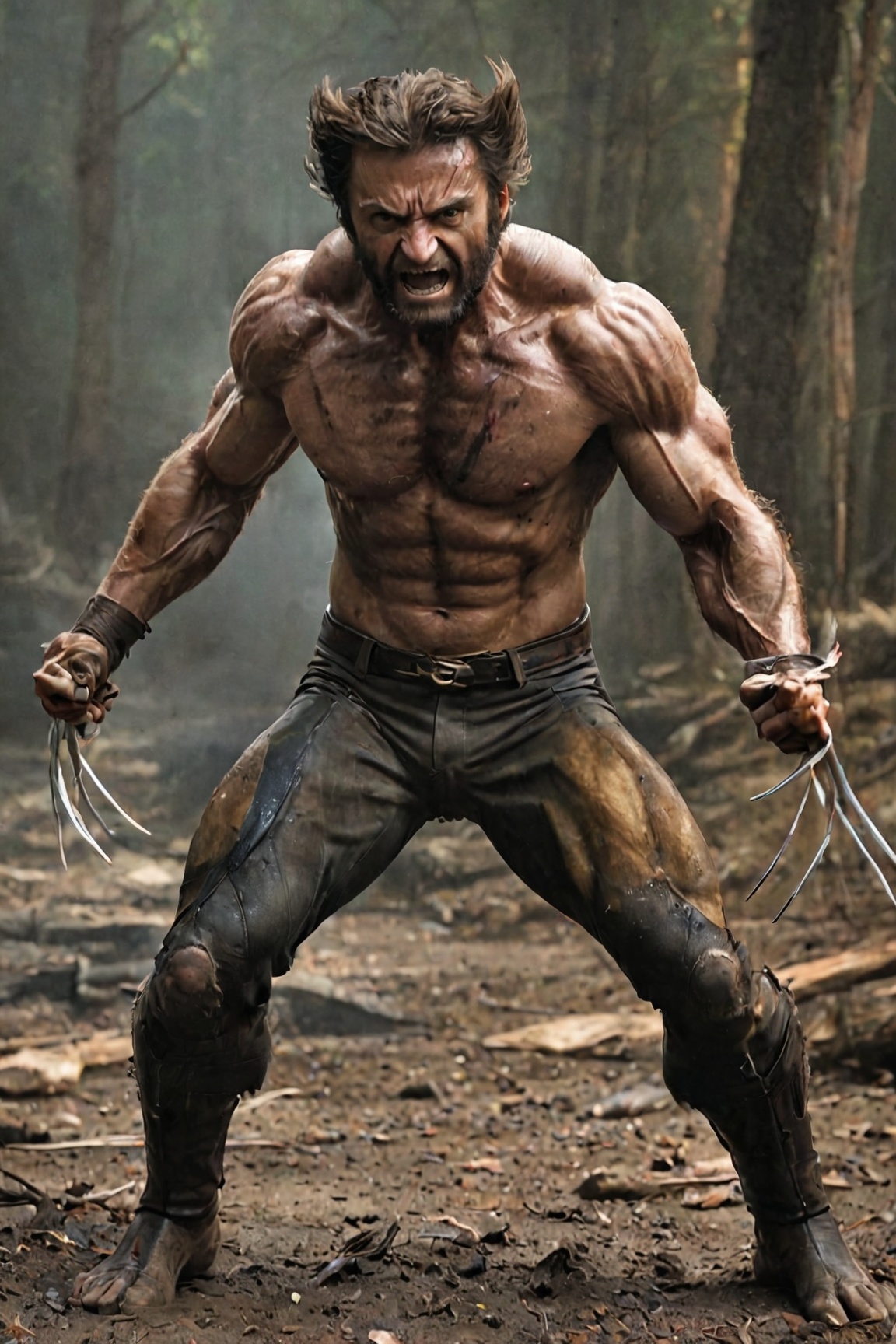 an attention-grabbing image of Wolverine's regenerative powers in action,  full body shot,  extremely damaged Logan coming...