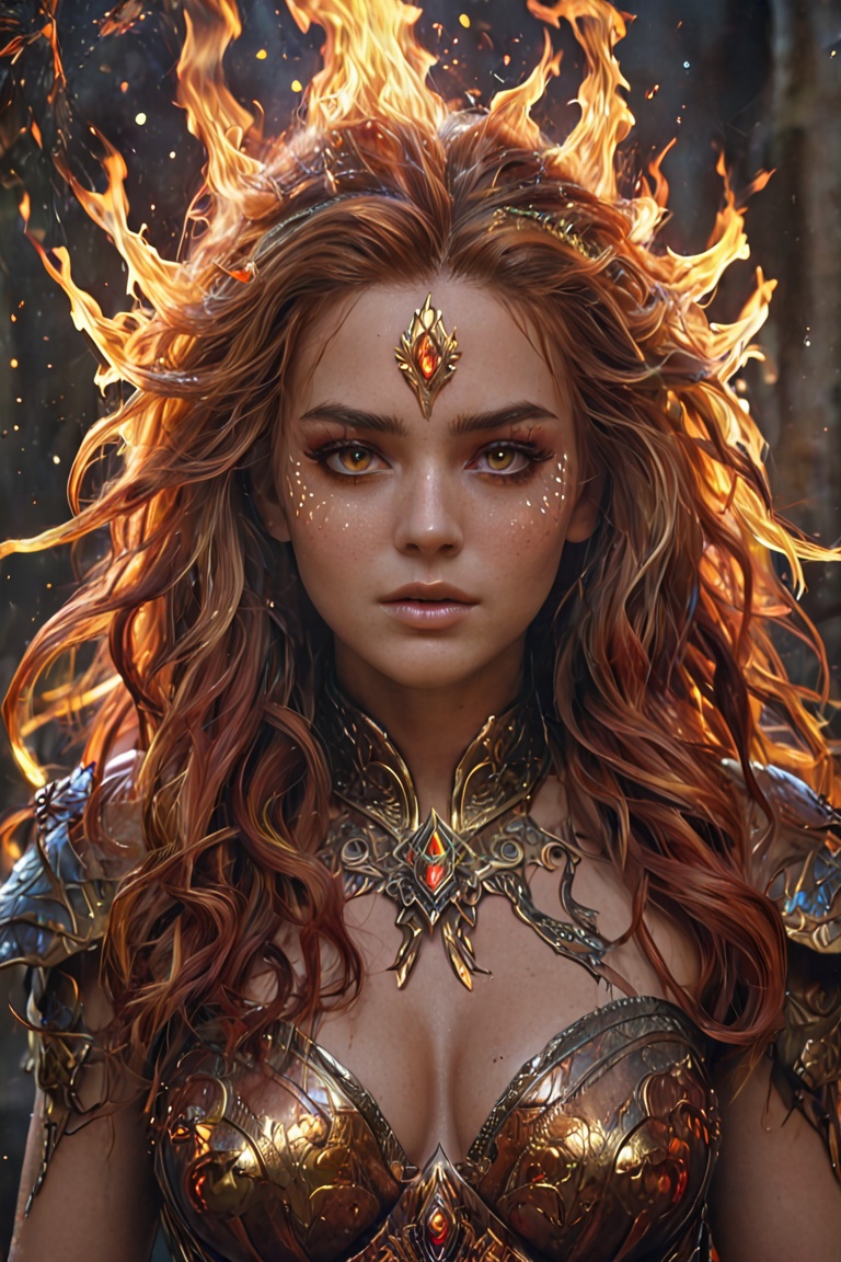 Portrayed in a head and shoulders portrait,  featuring huge flaming hair engulfed in smoke,  embers on Tensor.Art