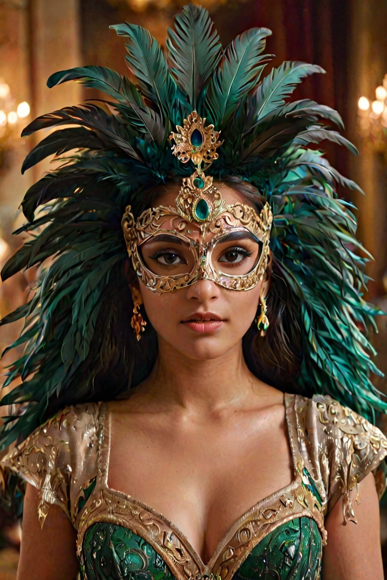 A South Asian woman with stunning emerald eyes,  wearing an opulent masquerade mask adorned with feathers and jewels. She...
