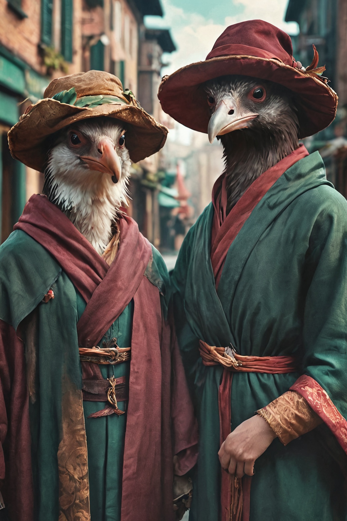 a picture of two people,  wearing cloth hats and robes,  in the style of realistic animal portraits on Tensor.Art