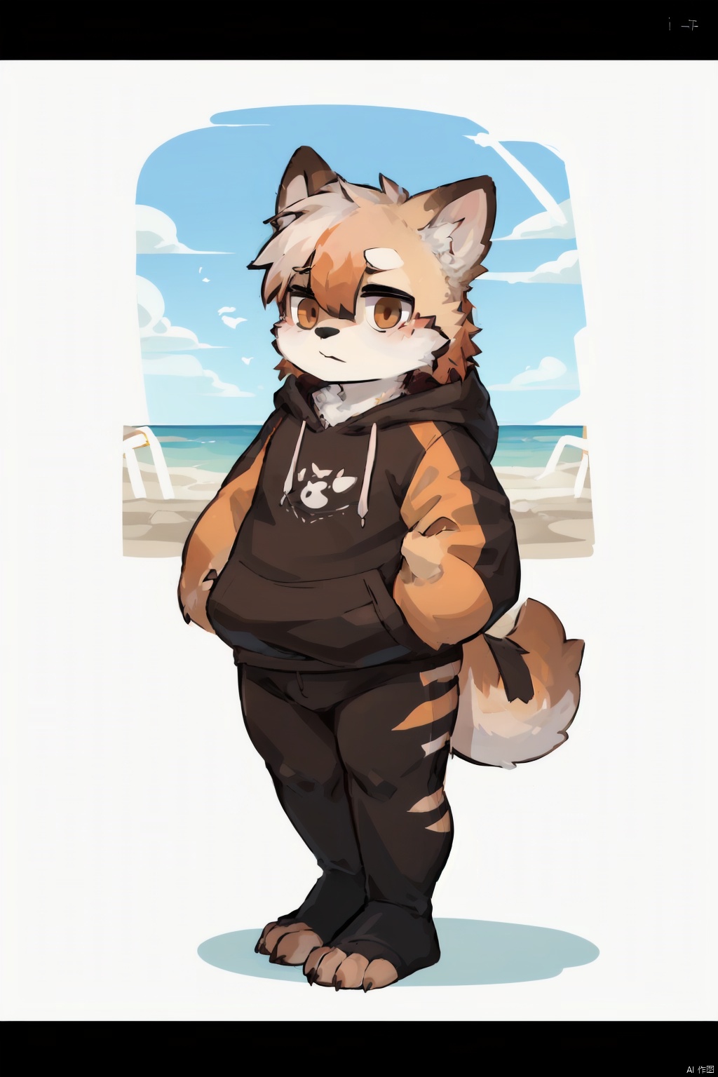  only one boy,from head to foot,orange hair,Long hair and waist length,rein,The lower limbs are lesser panda feet,There is a lesser panda tail behind body,wearing Hoodies,, shota, furry,fat