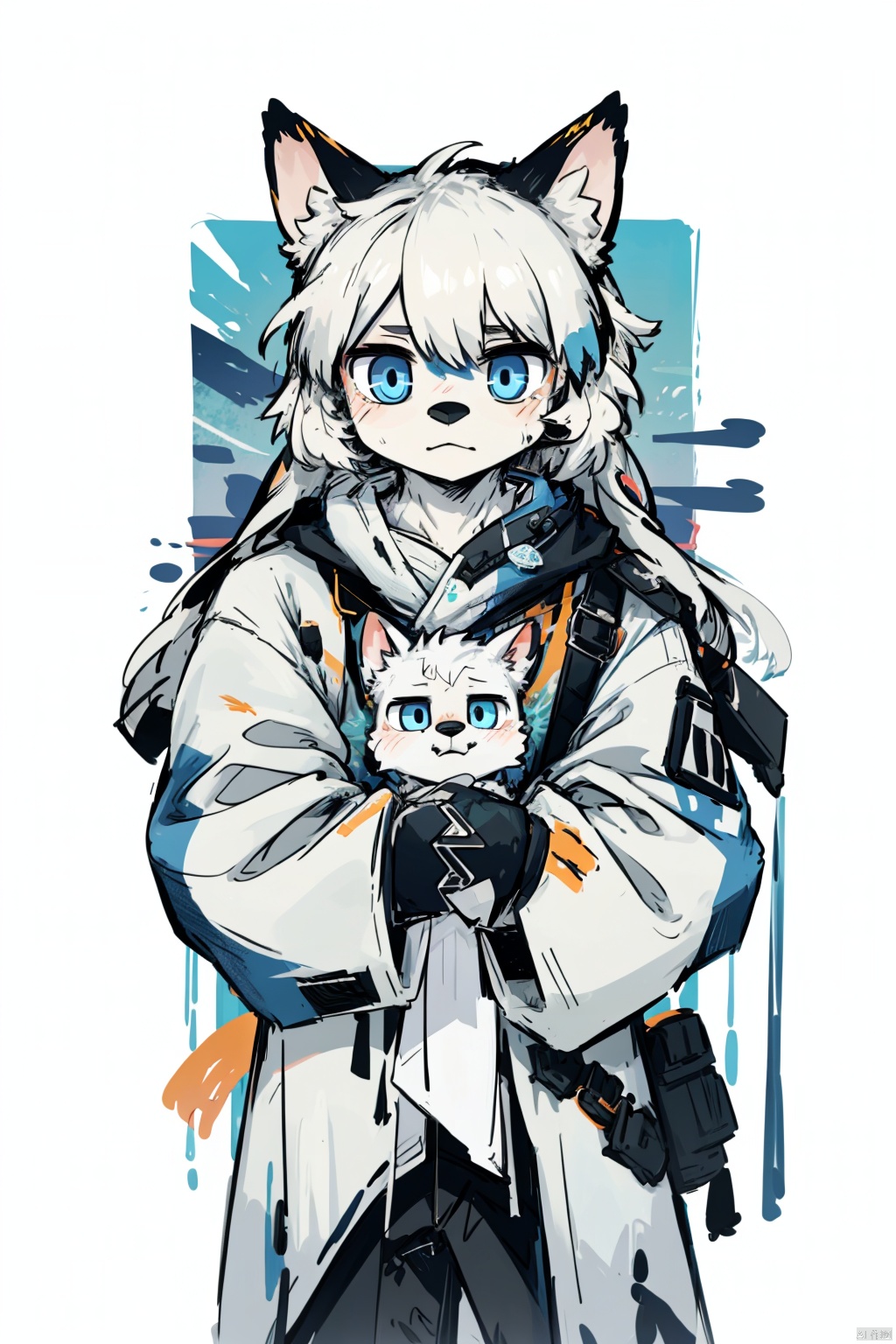  1boy,messy hair, white hair, Blue eyes, midjourney, shota, furry,fat