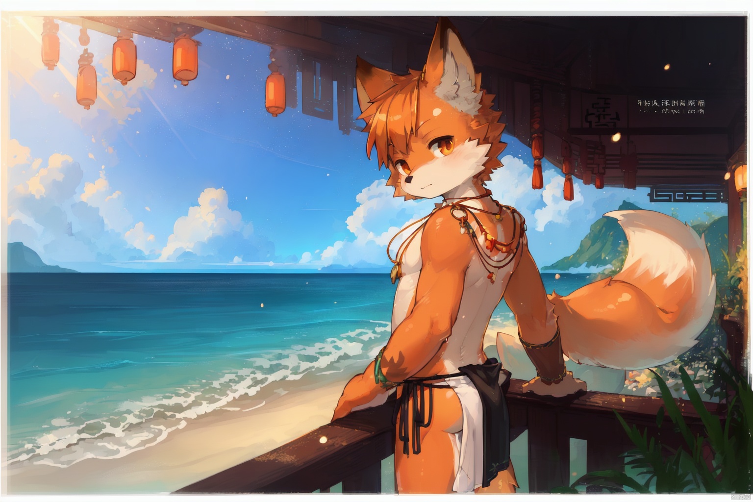  masterpiece, high quality, hi res, digital painting \(artwork\), by kuroisumi, yupa,kiyosan. soft lighting, solo, (anthro male fox), (orange body), sunshine, beach, loincloth, sea, cloud, dark, bright, sand, from side, necklace. impasto, panorama,portrait,135mm,looking at viewer,character focus. detailed background,amazing background,outdoors,scenery,light particles, kemono, (cute), ass, furry, shota, MIR, Ink scattering_Chinese style