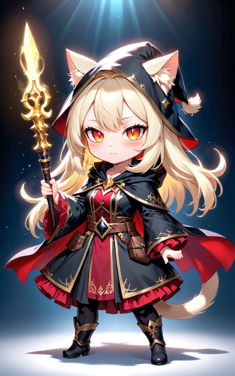 highres,  best quality,  AA blonde magician witch with a black cat. Her black robe and wizard hat have gold details. she i...