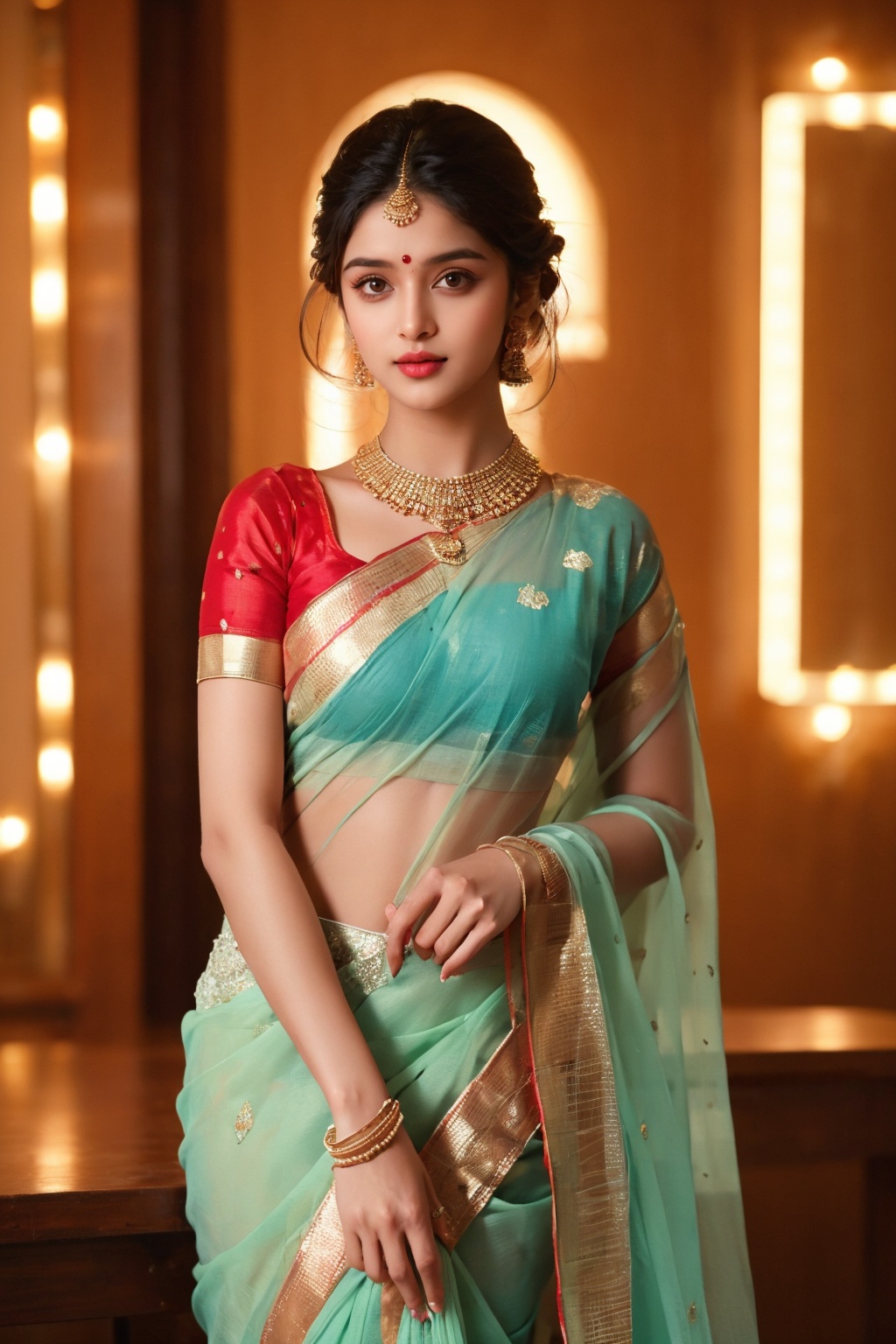 flat illustration of beautiful young woman weared in casual outfit chiffon saree,  background and drawning in Tim Berton s...
