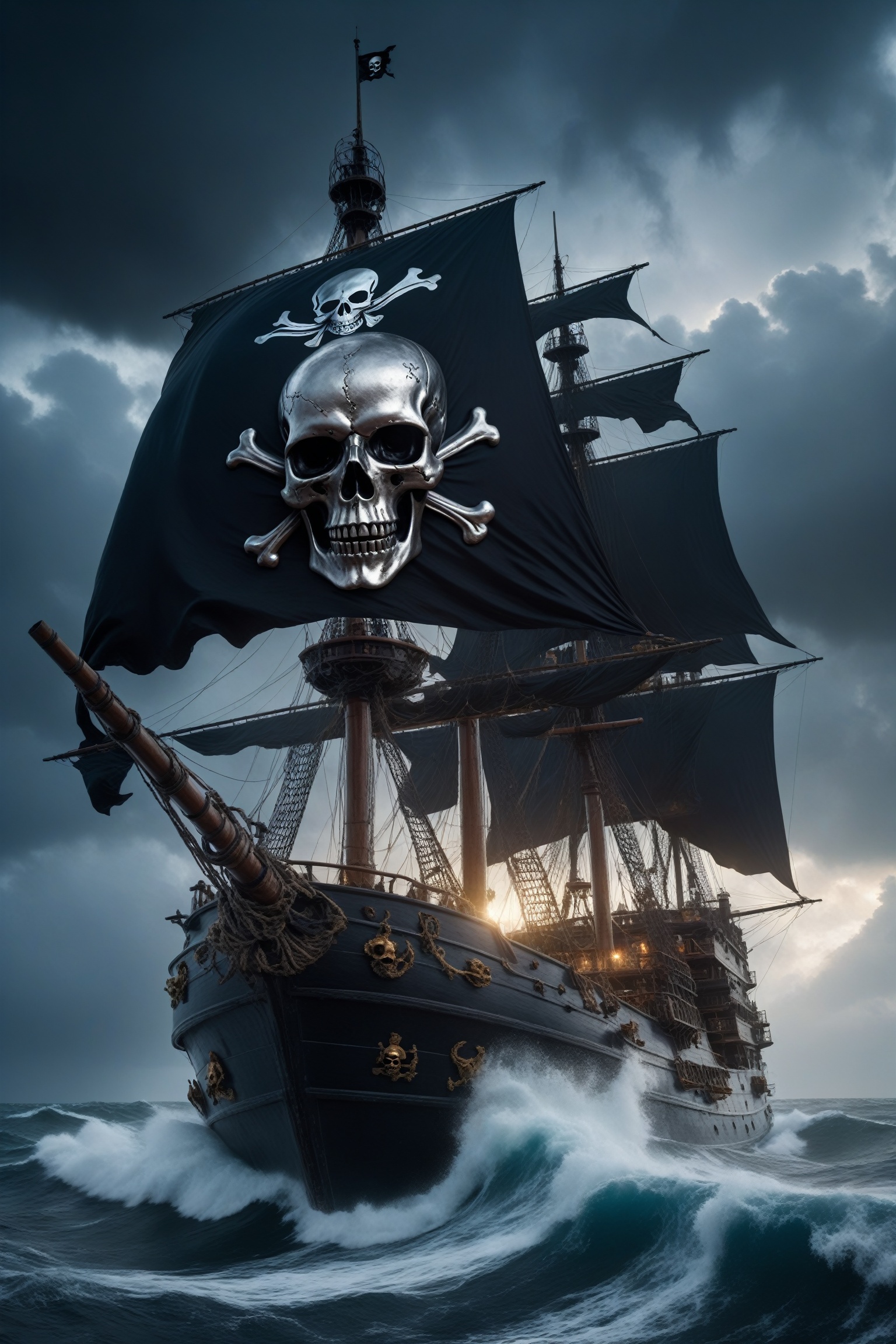 Realistic, hyper detailed, award winning masterpiece, full body portrait, ((ultra-high resolution 16k intense color portrait)), in the deep ocean, rough sea waves a large pirates ship with a black skull flag on top, ultra realistic, Hyper, vibrant light, storm, clouds, lightning, rough weather cinematic background