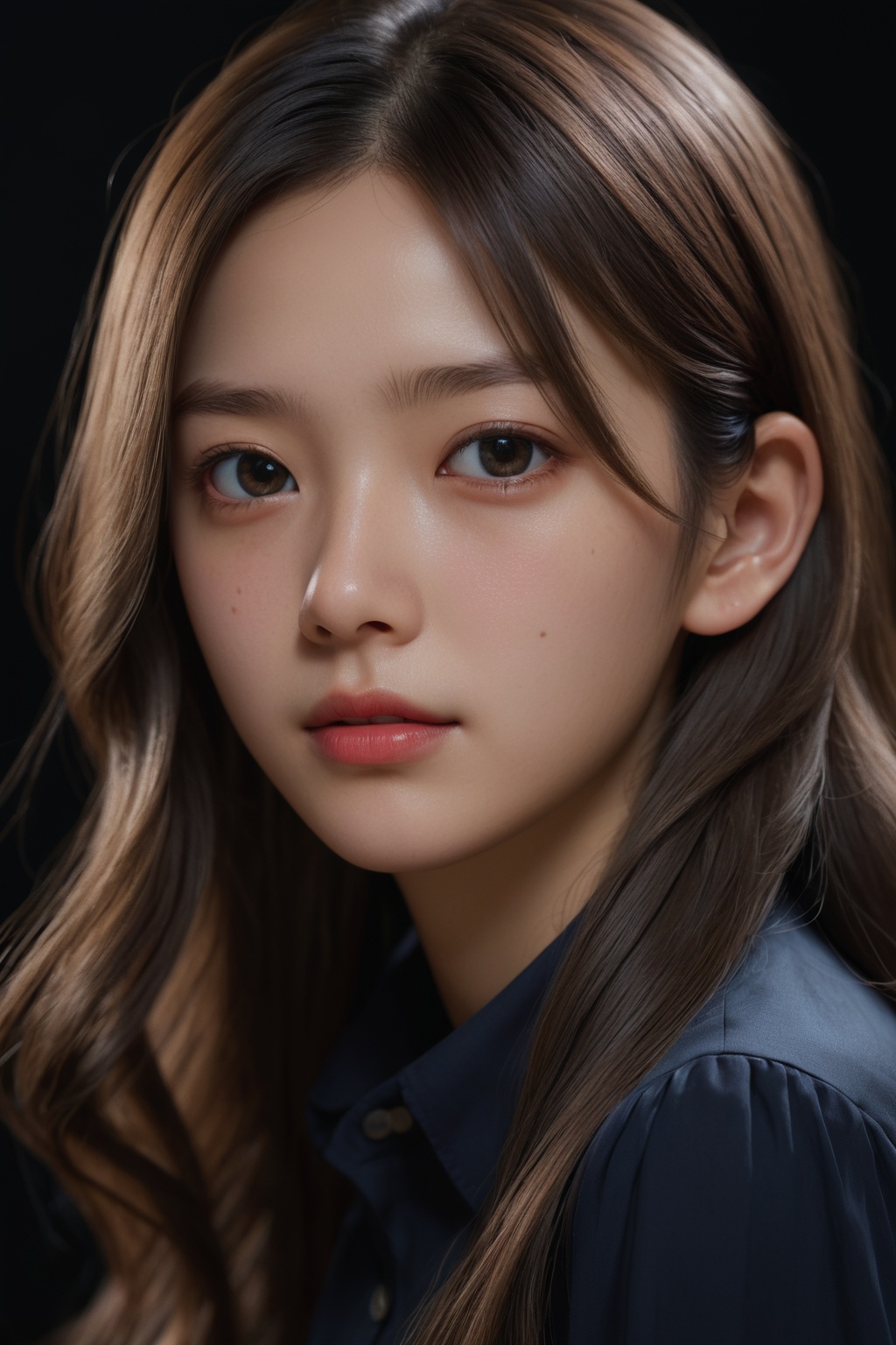 masterpiece, best quality, photorealistic, raw photo, simple background, 1girl, long hair, collared blouse, detailed skin, pore, depth of field, in the dark