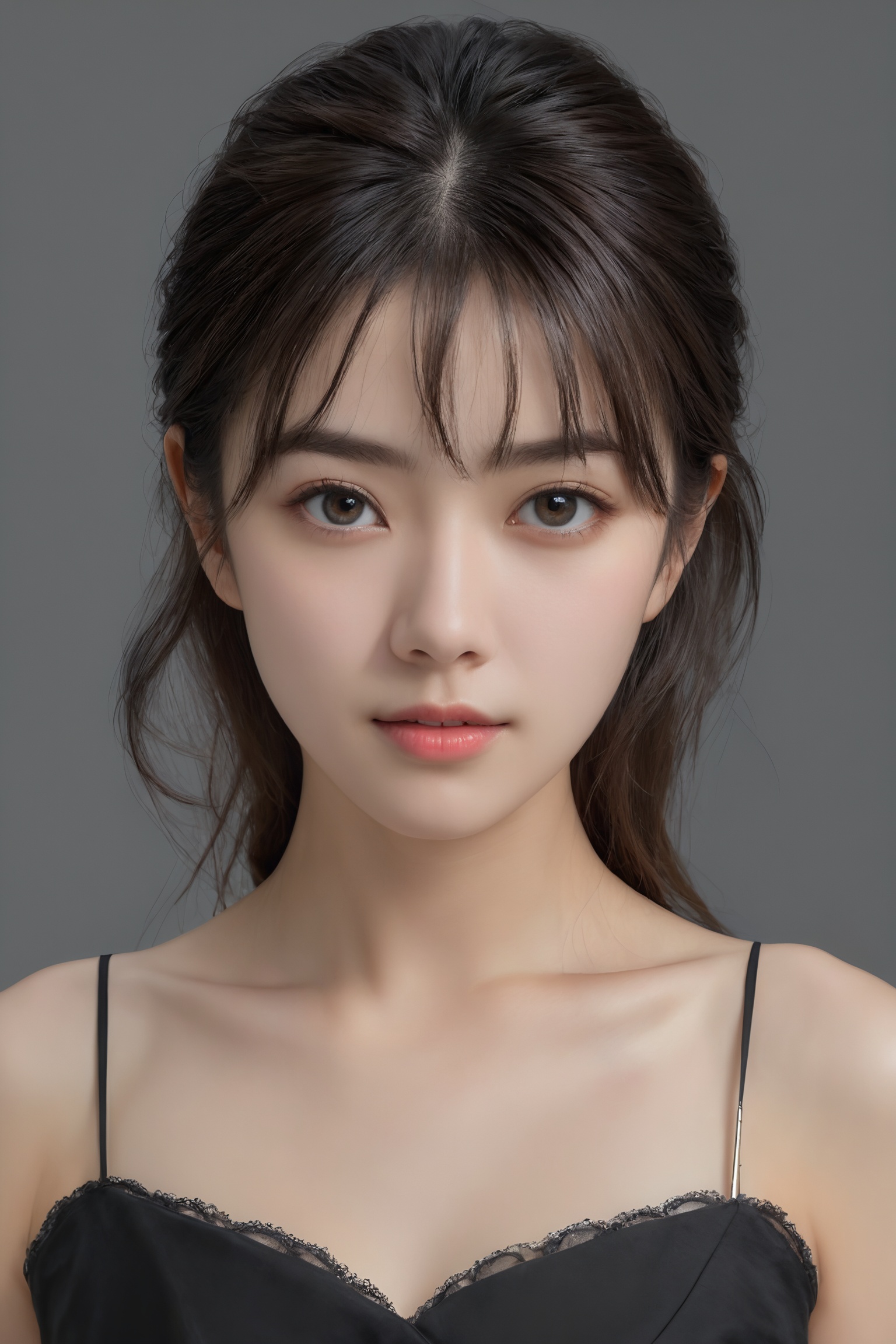 masterpiece, best quality, ultra-detailed, ultra high res, (photorealistic:1.4), raw photo, (realistic:0.2), 8k HDR, realistic lighting, 1girl, solo, looking at viewer, asymmetrical hair, (detailed oily skin), black eyes, (detailed face), (simple gray background :1.1), (upper body:1.2), simple black dress, sleeveless, off shoulder,