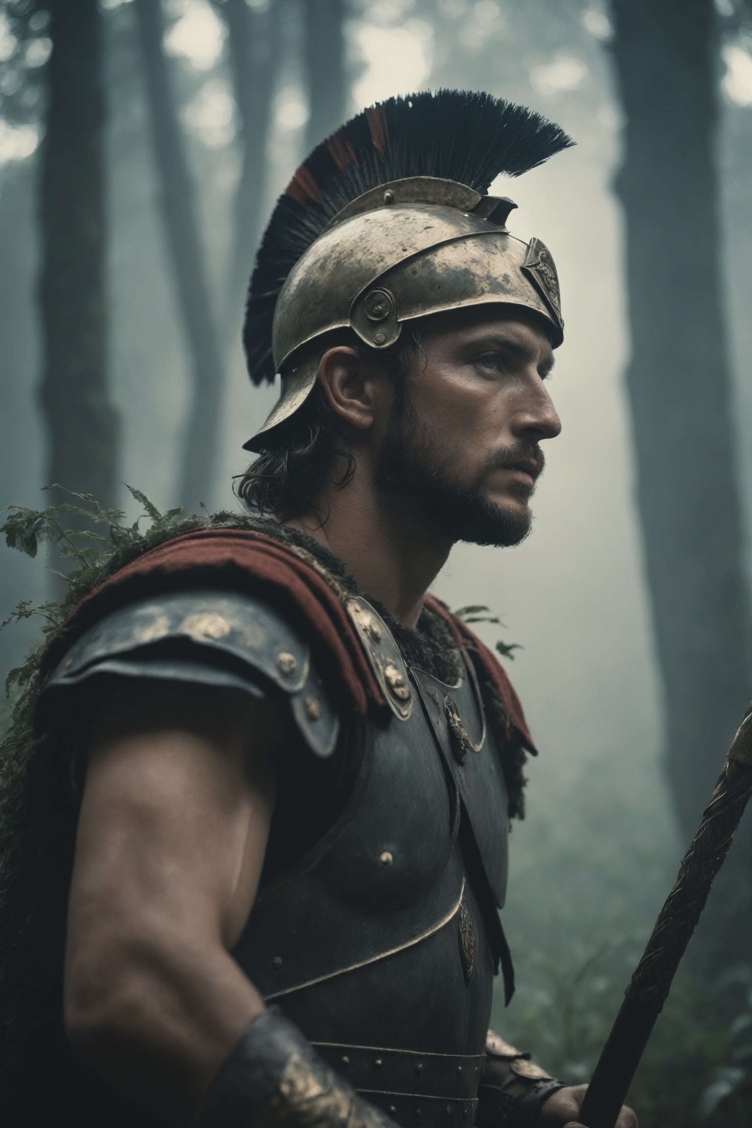 Side View of a Roman Warrior pierced By a spear, Overgrown, mystic, ethereal, darkness, 
atmospheric haze, Film grain, cinematic film still, shallow depth of field, highly detailed, high budget, cinemascope, moody, epic, OverallDetail, 2000s vintage RAW photo, photorealistic, candid camera, color graded cinematic, eye catchlights, atmospheric lighting, imperfections, natural, shallow dof
