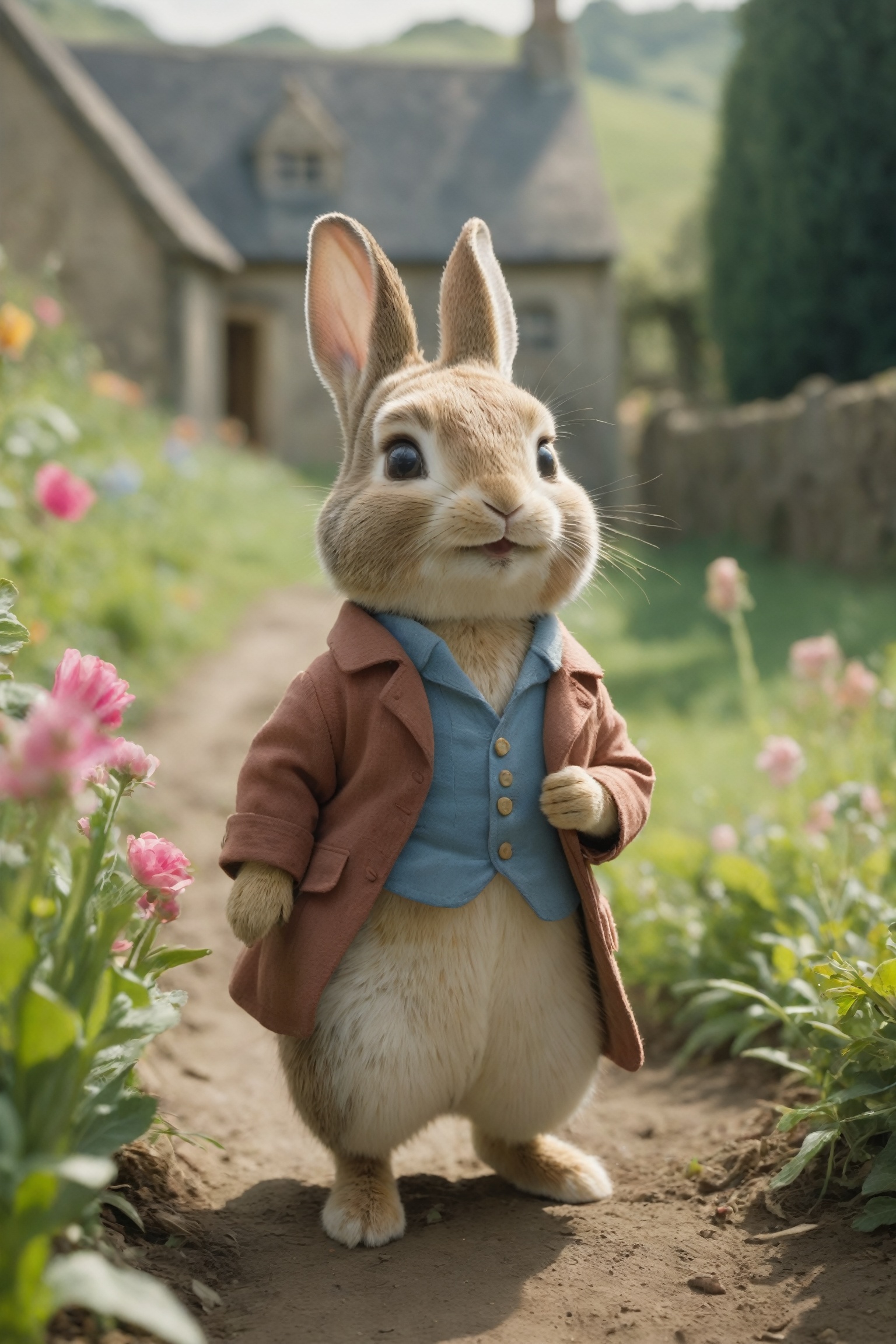cinematic film still Photo Peter Rabbit Beatrix Potter . By Henry Cavill, Chibi style, cartoonish, they are in a rural school, landscape of pastel colors. . Vibrant, beautiful, painterly, detailed, textural, artistic . shallow depth of field, vignette, highly detailed, high budget, bokeh, cinemascope, moody, epic, gorgeous, film grain, grainy