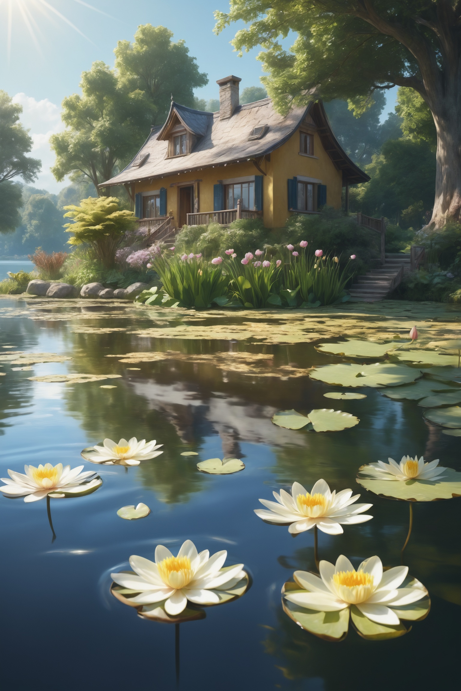 (extremely detailed CG unity 8k wallpaper),(((masterpiece))), (((best quality))), ((ultra-detailed)), (best illustration),(best shadow), ((an extremely delicate and beautiful)),dynamic angle, close-up of a small house by the lake, beautiful sunny summer day, water lilies in the lake blooming, lush plants, sunlight shining through the white clouds, bold colors, fairy tale, fantasy,wind,classic, (detailed light),feather, nature, (sunlight),beautiful and delicate water,(painting),(sketch),(bloom),(shine), high resolution, high contrast ratio, high detail, high texture, texture surreal high quality figure, ultra high quality, golden ratio