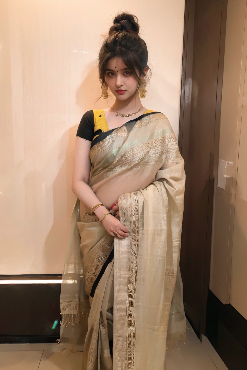 flat illustration of beautiful young woman weared in casual saree,  messy bun hairstyle,  background and drawning in Tim B...