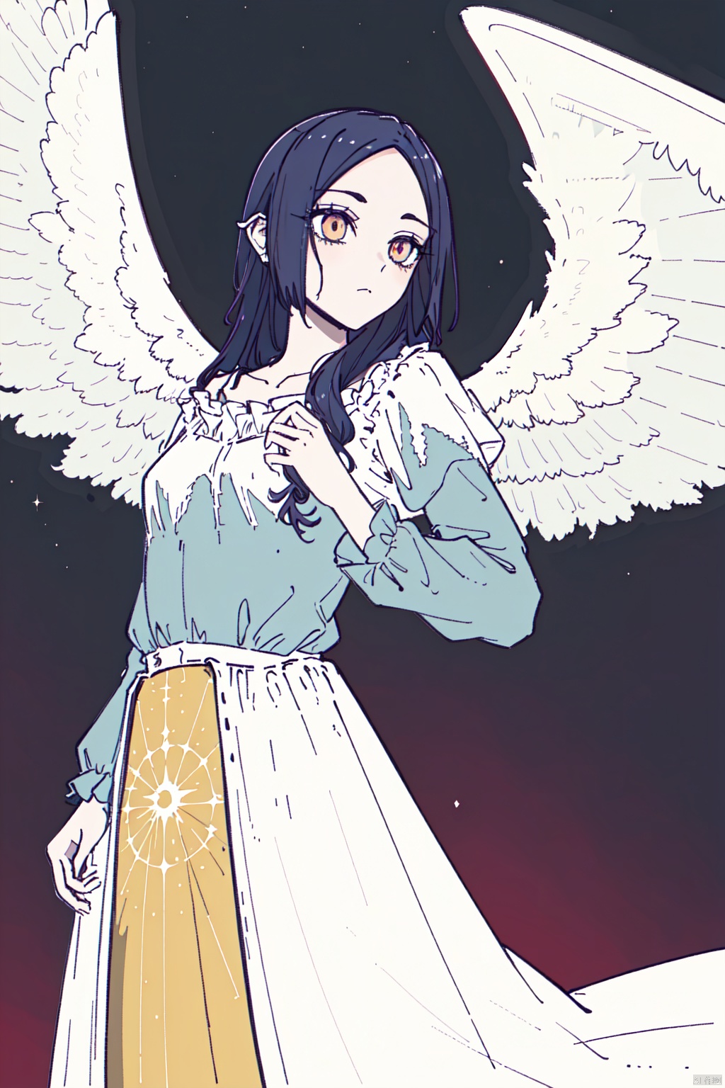create fallen archangel,detailed angel wins, bloodlust, red glowy eyes, eerie, creepy, nightmarish, very bright colors, light particles, wallpaper art, cosmic energy,high detailed