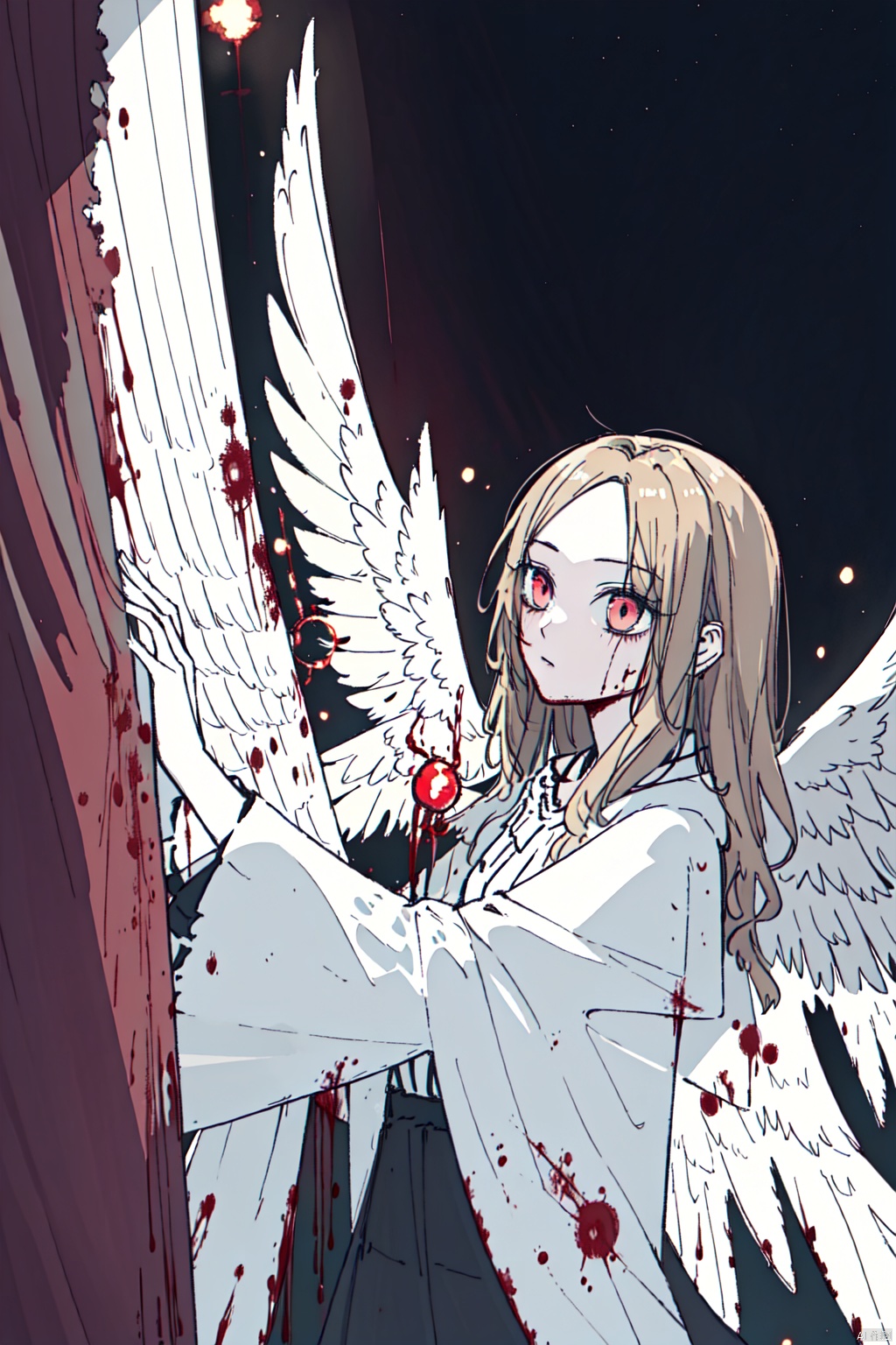 create fallen archangel,detailed angel wins, bloodlust, red glowy eyes, eerie, creepy, nightmarish, very bright colors, light particles, wallpaper art, cosmic energy,high detailed
