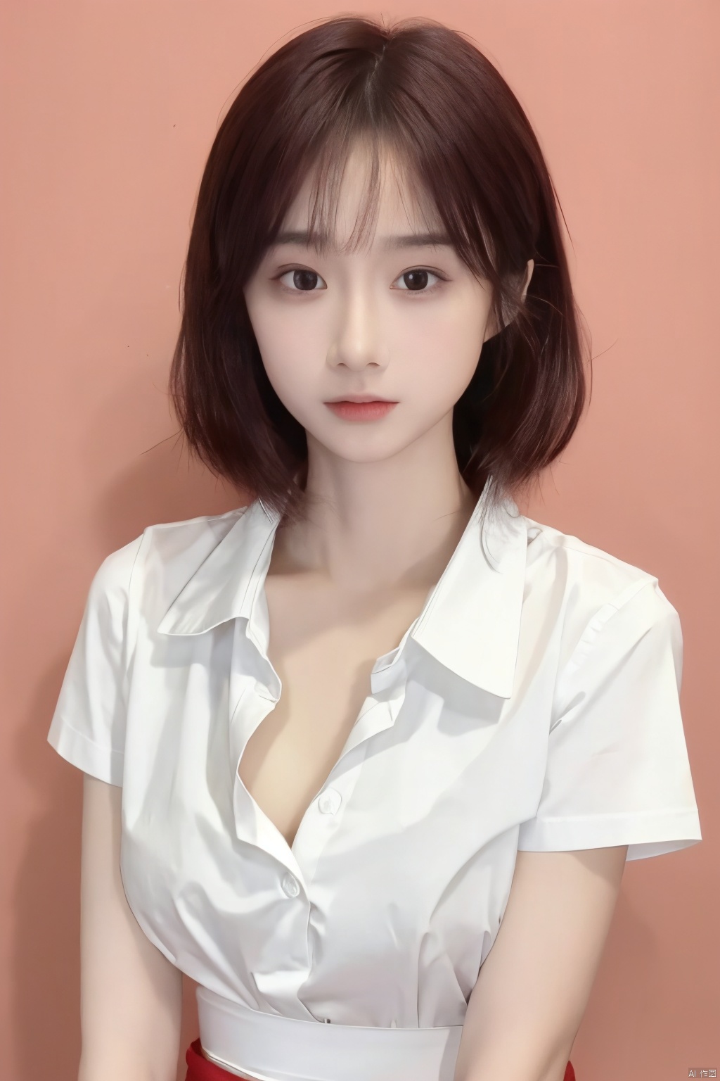  masterpiece,best quality,1girl,10 years old, 1080P, portrait, long messy hair ,(show breasts:1.5),(opened shirt:1.5),lips ,((highly detailed white skin)), ((thin waist)) , ((red background)) , shadow