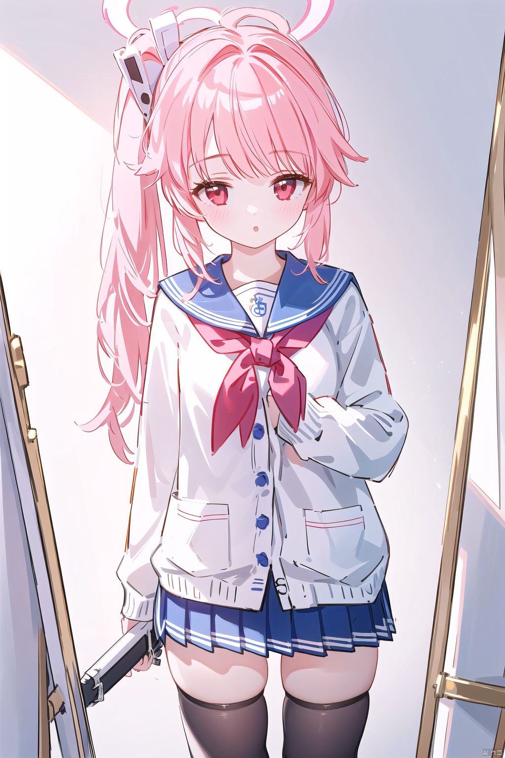  1girl,(masterpiece:1.3),( beautiful:1.2),(high quality:1.2),(finely detailed:1.2),extremely detailed CG unity 8k wallpaper,best quality,a very delicate and beautiful,perfect fingers,(one cute girl at the center:1.2),
 long hair, bangs, skirt, hair ornament, red eyes, thighhighs, long sleeves, school uniform, weapon, pink hair, pleated skirt, serafuku, black thighhighs, sailor collar, side ponytail, zettai ryouiki, neckerchief, halo, cardigan, red neckerchief,nastuBA,
(painting),(sketch),(bloom),(shine), high resolution, high contrast ratio, high detail, high texture, texture surreal high quality figure, ultra high quality, golden ratio, nastuBA