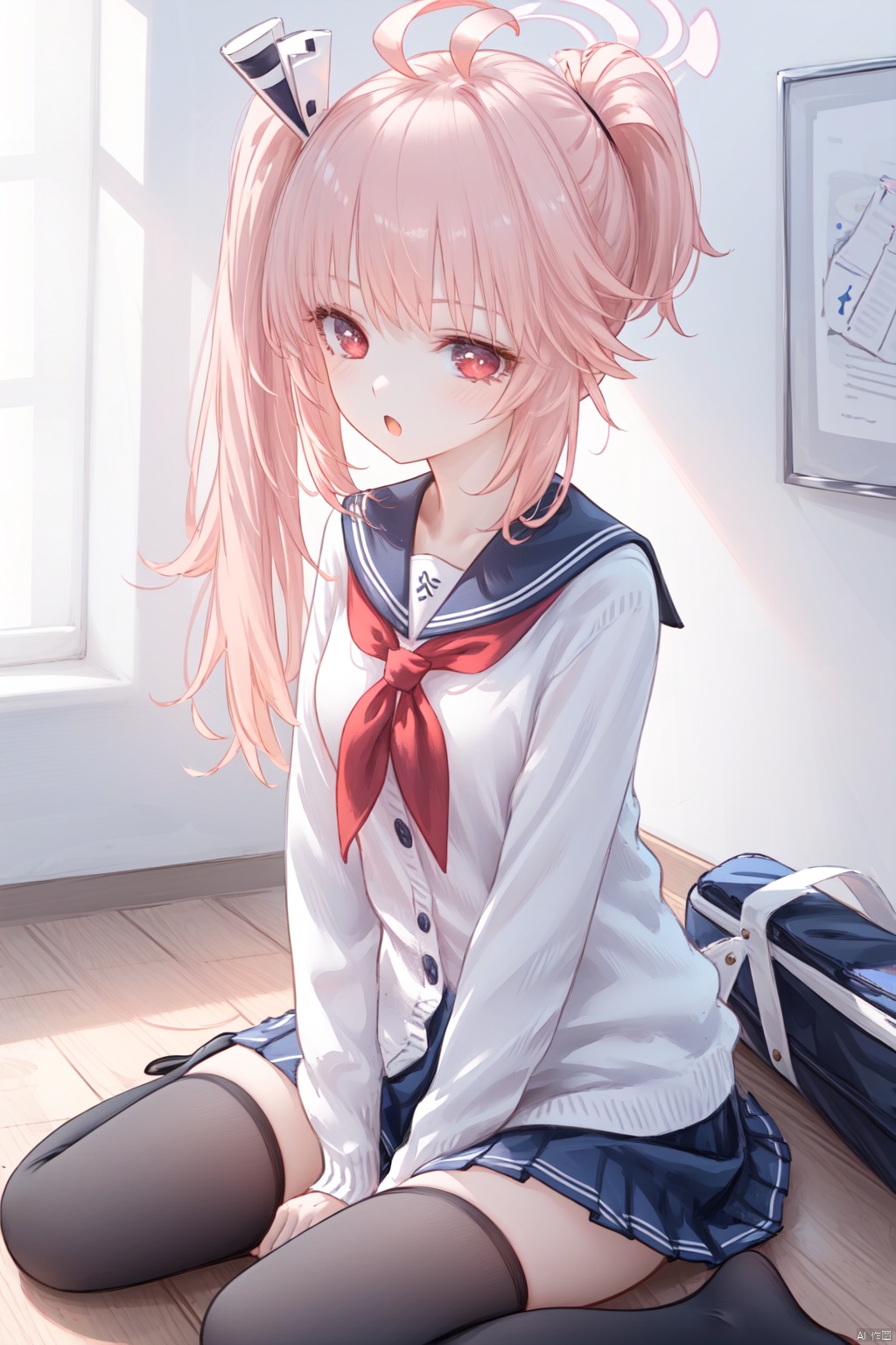  1girl,solo,(masterpiece:1.3),( beautiful:1.2),(high quality:1.2),(finely detailed:1.2),extremely detailed CG unity 8k wallpaper,best quality,a very delicate and beautiful,perfect fingers,(one cute girl at the center:1.2),
long hair, bangs, skirt, hair ornament, red eyes, thighhighs, long sleeves, school uniform, weapon, pink hair, ahoge, pleated skirt, serafuku, black thighhighs, sailor collar, side ponytail, zettai ryouiki, neckerchief, halo, cardigan, red neckerchief, sunlight, indoors, smile, nastuBA,
looking_at_viewer, blush, open_mouth, shy, sitting, :o, 
arms support, 
