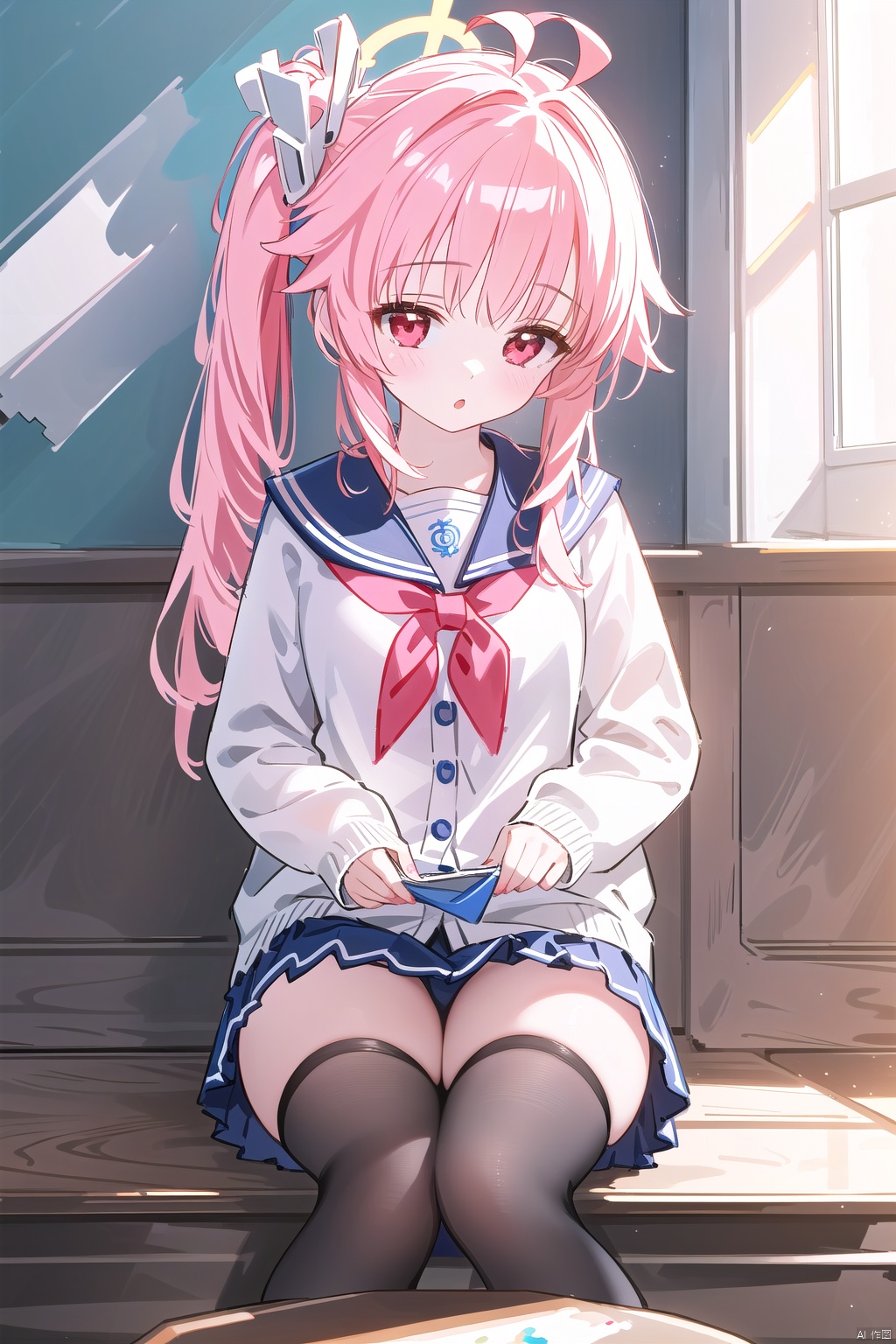  1girl,(masterpiece:1.3),( beautiful:1.2),(high quality:1.2),(finely detailed:1.2),extremely detailed CG unity 8k wallpaper,best quality,a very delicate and beautiful,perfect fingers,(one cute girl at the center:1.2),
 long hair, bangs, skirt, hair ornament, red eyes, thighhighs, long sleeves, school uniform, weapon, pink hair, ahoge, pleated skirt, serafuku, black thighhighs, sailor collar, side ponytail, zettai ryouiki, neckerchief, halo, cardigan, red neckerchief,nastuBA,
(painting),(sketch),(bloom),(shine), high resolution, high contrast ratio, high detail, high texture, texture surreal high quality figure, ultra high quality, golden ratio, nastuBA