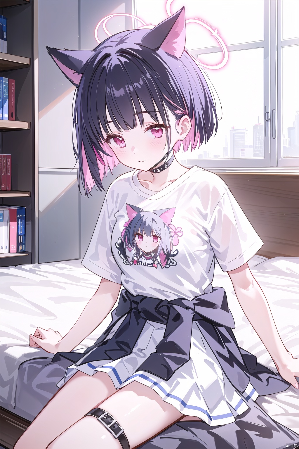  1girl,(masterpiece:1.3),( beautiful:1.2),(high quality:1.2),(finely detailed:1.2),extremely detailed CG unity 8k wallpaper,best quality,a very delicate and beautiful,perfect fingers,(one cute girl at the center:1.2),
 kazusaBA,short hair, breasts, bangs, skirt,shirt, black hair, red eyes,animal ears, medium breasts, closed mouth, jacket, white shirt, pink hair, short sleeves, multicolored hair, pleated skirt, choker, cat ears, blunt bangs, pink eyes, two-tone hair, official alternate costume, black jacket, thigh strap, mask, alternate hairstyle, black choker, halo, white skirt,colored inner hair, clothes around waist, jacket around waist,kazusaBand, kazusaBA