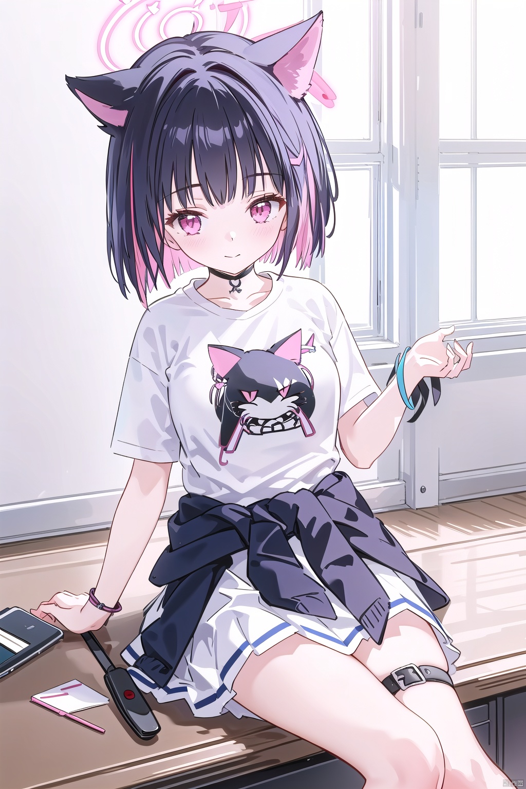  1girl,(masterpiece:1.3),( beautiful:1.2),(high quality:1.2),(finely detailed:1.2),extremely detailed CG unity 8k wallpaper,best quality,a very delicate and beautiful,perfect fingers,(one cute girl at the center:1.2),
 kazusaBA,short hair, breasts, bangs, skirt,shirt, black hair, red eyes,animal ears, medium breasts, closed mouth, jacket, white shirt, pink hair, short sleeves, multicolored hair, pleated skirt, choker, cat ears, blunt bangs, pink eyes, two-tone hair, official alternate costume, black jacket, thigh strap, mask, alternate hairstyle, black choker, halo, white skirt,colored inner hair, clothes around waist, jacket around waist,kazusaBand, kazusaBA