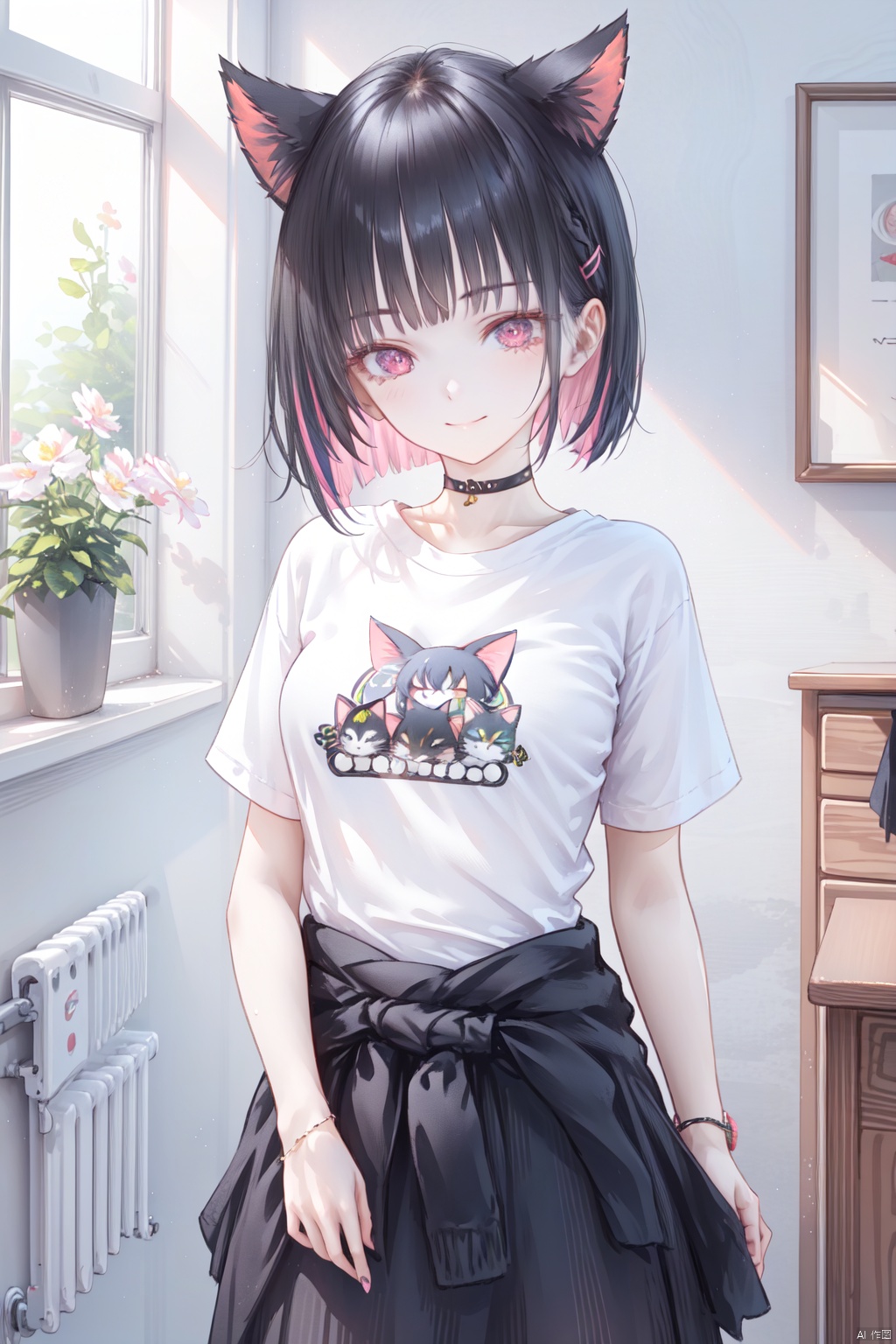  1girl,(masterpiece:1.3),( beautiful:1.2),(high quality:1.2),(finely detailed:1.2),extremely detailed CG unity 8k wallpaper,best quality,a very delicate and beautiful,perfect fingers,(one cute girl at the center:1.2), indoors, sunlight, looking_at_viewer, blush, shy, smile,
 kazusaBA,short hair, breasts, bangs, skirt,shirt, black hair, red eyes,animal ears, medium breasts, closed mouth, jacket, white shirt, pink hair, short sleeves, multicolored hair, pleated skirt, choker, cat ears, blunt bangs, pink eyes, two-tone hair, official alternate costume, black jacket, thigh strap, mask, alternate hairstyle, black choker, halo, white skirt,colored inner hair, clothes around waist, jacket around waist,kazusaBand, kazusaBA