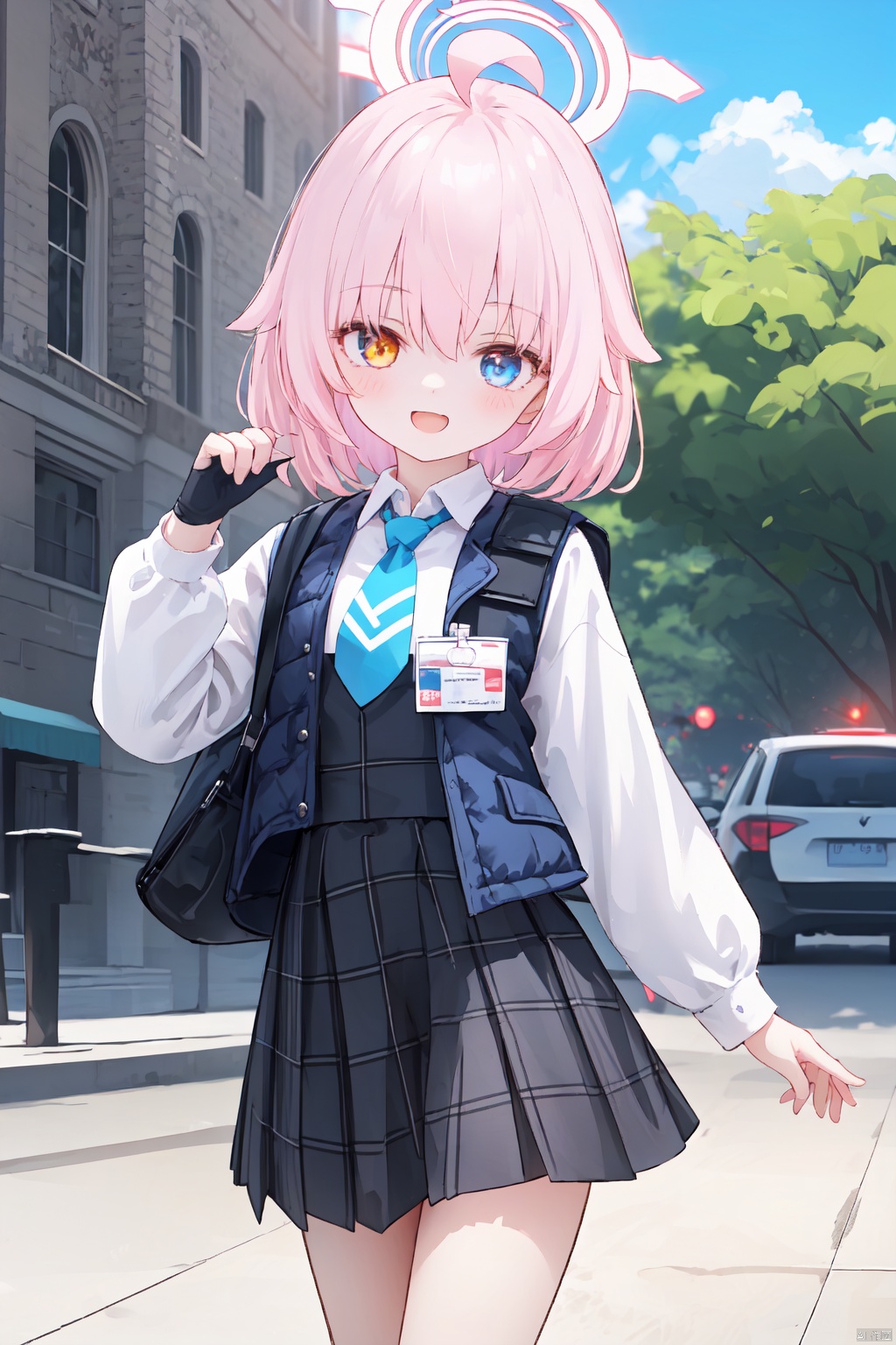 1girl,solo,(masterpiece:1.3),( beautiful:1.2),(high quality:1.2),(finely detailed:1.2),extremely detailed CG unity 8k wallpaper,best quality,a very delicate and beautiful,perfect fingers,(one cute girl at the center:1.2),loli,looking_at_viewer,smile, blush, lawn, sunlight, outdoors, ,
 short hair, bangs, blue eyes, skirt, shirt, gloves, long sleeves, hair between eyes, yellow eyes, white shirt, pink hair, ahoge, pleated skirt, necktie, black gloves, puffy sleeves, collared shirt, fingerless gloves, black skirt, vest, orange eyes, plaid, heterochromia, halo, plaid skirt,puffy long sleeves, blue necktie, id card, bulletproof vest,multi-pocket vest,zippered vest,hoshinoPast, hoshino