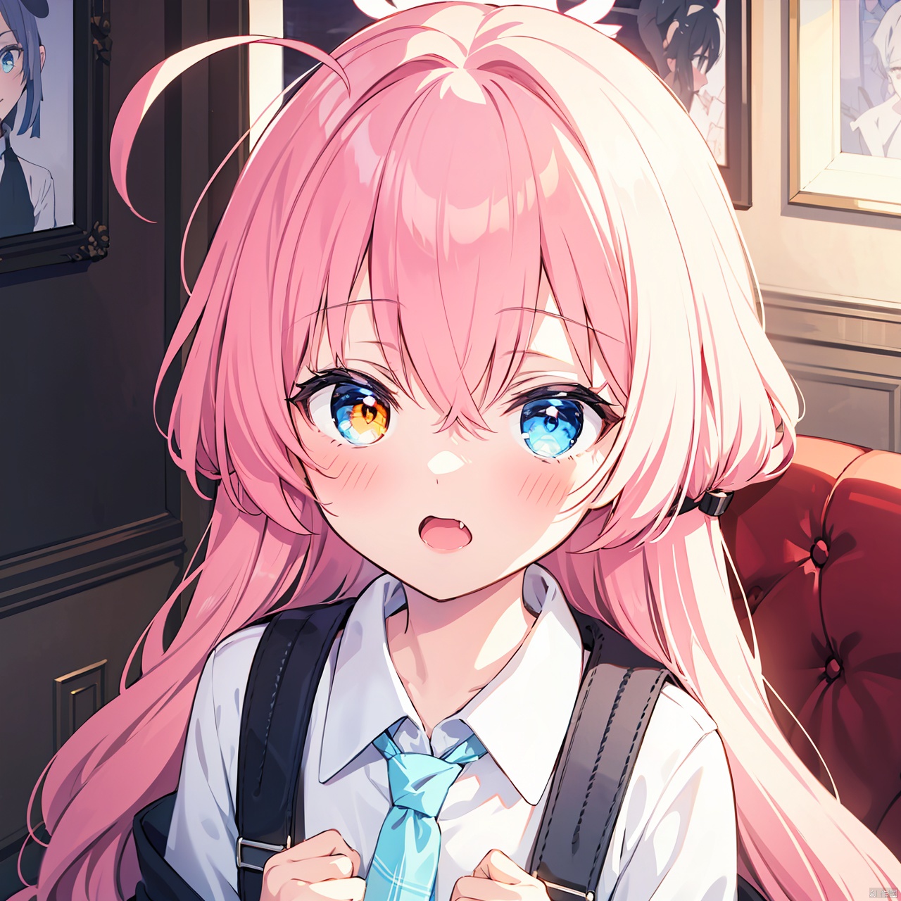 komeiji koishi,close-up,face focus, hoshino,
 long hair, bangs,  shirt, long sleeves, hair between eyes, very long hair, white shirt, pink hair, ahoge, necktie, fang, collared shirt, orange eyes,  blue eyes, heterochromia, plaid, halo, blue necktie, id card, harness, chest harness,hoshino\(bluearchive\)