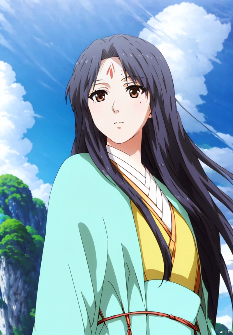 1girl, solo, long hair, black hair, brown eyes, upper body, outdoors, japanese clothes, sky, day, cloud, kimono, tree, blue sky, sash, facial mark, expressionless, forehead mark, haori,Vulcan forehead imprint,