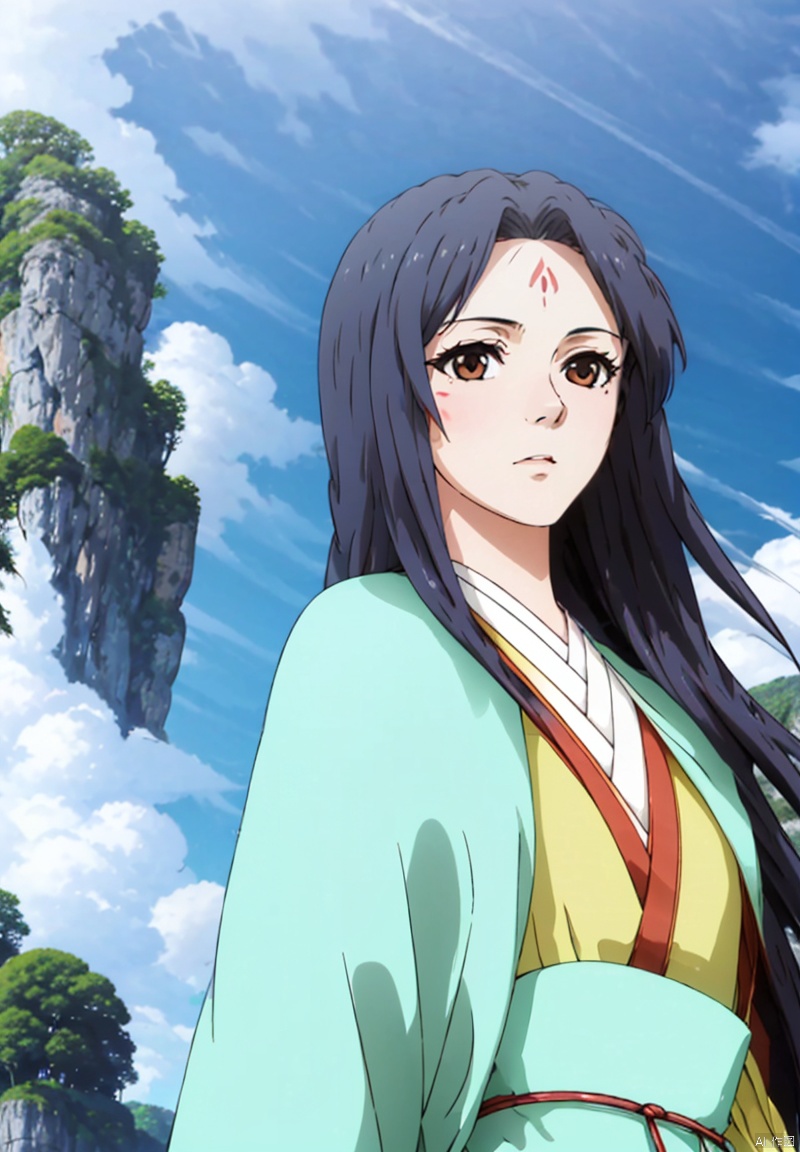 1girl, solo, long hair, black hair, brown eyes, upper body, outdoors, japanese clothes, sky, day, cloud, kimono, tree, blue sky, sash, facial mark, expressionless, forehead mark, haori,Vulcan forehead imprint,