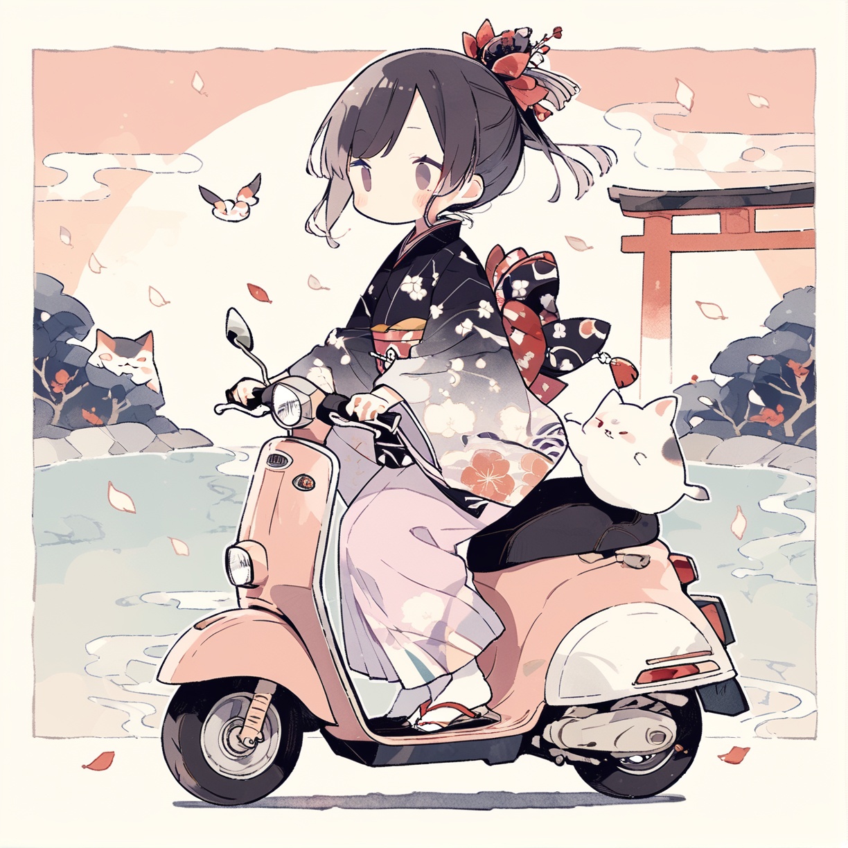 kimono girl riding a scooter,  torii,  cute illustration by SuiginToxic on Tensor.Art