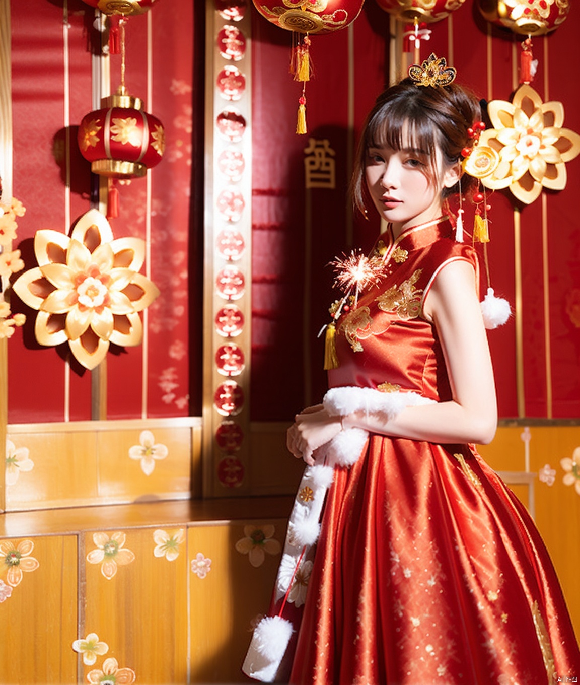 Beauty wearing a red dress. Pass the Chinese New Year. The background is a festive background,  and there are beautiful bl...