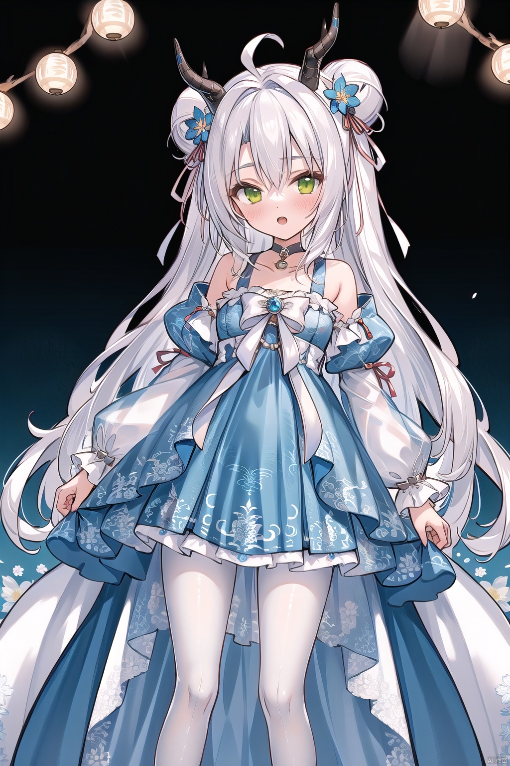  ((nsfw)), stage, spotlight, idol, singing, 1girl, solo, long hair, bangs, hair ornament, long sleeves, dress, hair between eyes, very long hair, skirt, green eyes, collarbone, flower, white hair, pantyhose, horns, puffy sleeves, hair flower, hair bun, black footwear, sleeves past wrists, bell, double bun, blue dress, puffy long sleeves, white pantyhose, dragon horns, blue flower, blue , otwear, dragon girl, dragon tail, antlers, gradient dress, Gauze skirt, gauze dress, yuexi