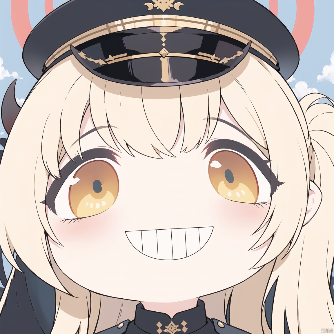  solo, 1girl, chibi,  fubukiBA,
blonde hair, long sleeves, dress, ribbon, black jacket, black uniform, military uniform, oversized_clothes,  yellow eyes, open clothes,  horns, black dress, side ponytail, halo,  demon girl,demon horns, demon tail, peaked cap, military hat, black headwear,red ribbon,
