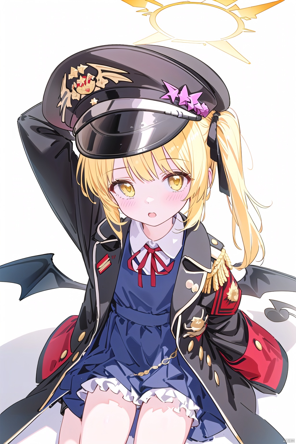 1girl,(masterpiece:1.3),( beautiful:1.2),(high quality:1.2),(finely detailed:1.2),extremely detailed CG unity 8k wallpaper,best quality,a very delicate and beautiful,perfect fingers,(one cute girl at the center:1.2),
blonde hair, long sleeves, dress, ribbon,black jacket,black uniform,military uniform,oversized_clothes, tail, yellow eyes, open clothes, wings, horns, black dress, side ponytail, sleeves past wrists, halo, stuffed toy, demon girl, stuffed animal, demon horns, demon tail, sleeves past fingers, demon wings, teddy bear,ibukiBA,arm_band, peaked cap, military hat,black headwear,military,halo, fubukiBA