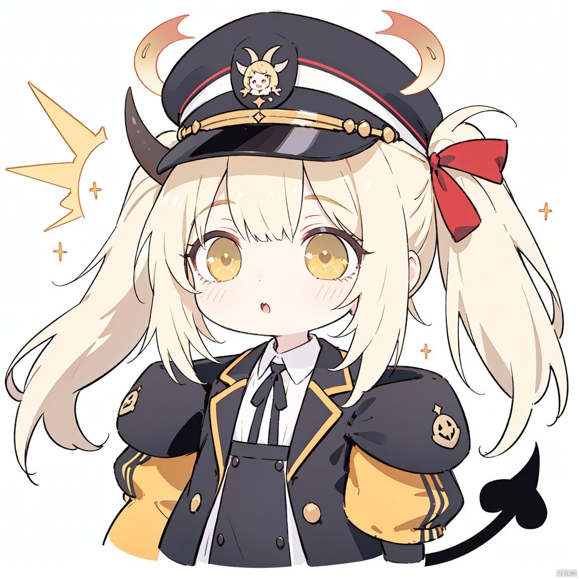  solo, 1girl, chibi,  fubukiBA,
blonde hair, long sleeves, dress, ribbon, black jacket, black uniform, military uniform, oversized_clothes,  yellow eyes, open clothes,  horns, black dress, side ponytail, halo,  demon girl,demon horns, demon tail, peaked cap, military hat, black headwear,red ribbon,