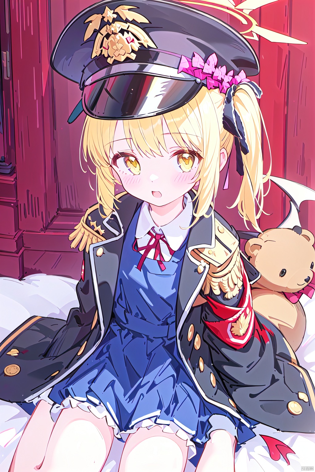  1girl,(masterpiece:1.3),( beautiful:1.2),(high quality:1.2),(finely detailed:1.2),extremely detailed CG unity 8k wallpaper,best quality,a very delicate and beautiful,perfect fingers,(one cute girl at the center:1.2),
blonde hair, long sleeves, dress, ribbon,black jacket,black uniform,military uniform,oversized_clothes, tail, yellow eyes, open clothes, wings, horns, black dress, side ponytail, sleeves past wrists, halo, stuffed toy, demon girl, stuffed animal, demon horns, demon tail, sleeves past fingers, demon wings, teddy bear,ibukiBA,arm_band, peaked cap, military hat,black headwear,military,halo, fubukiBA
