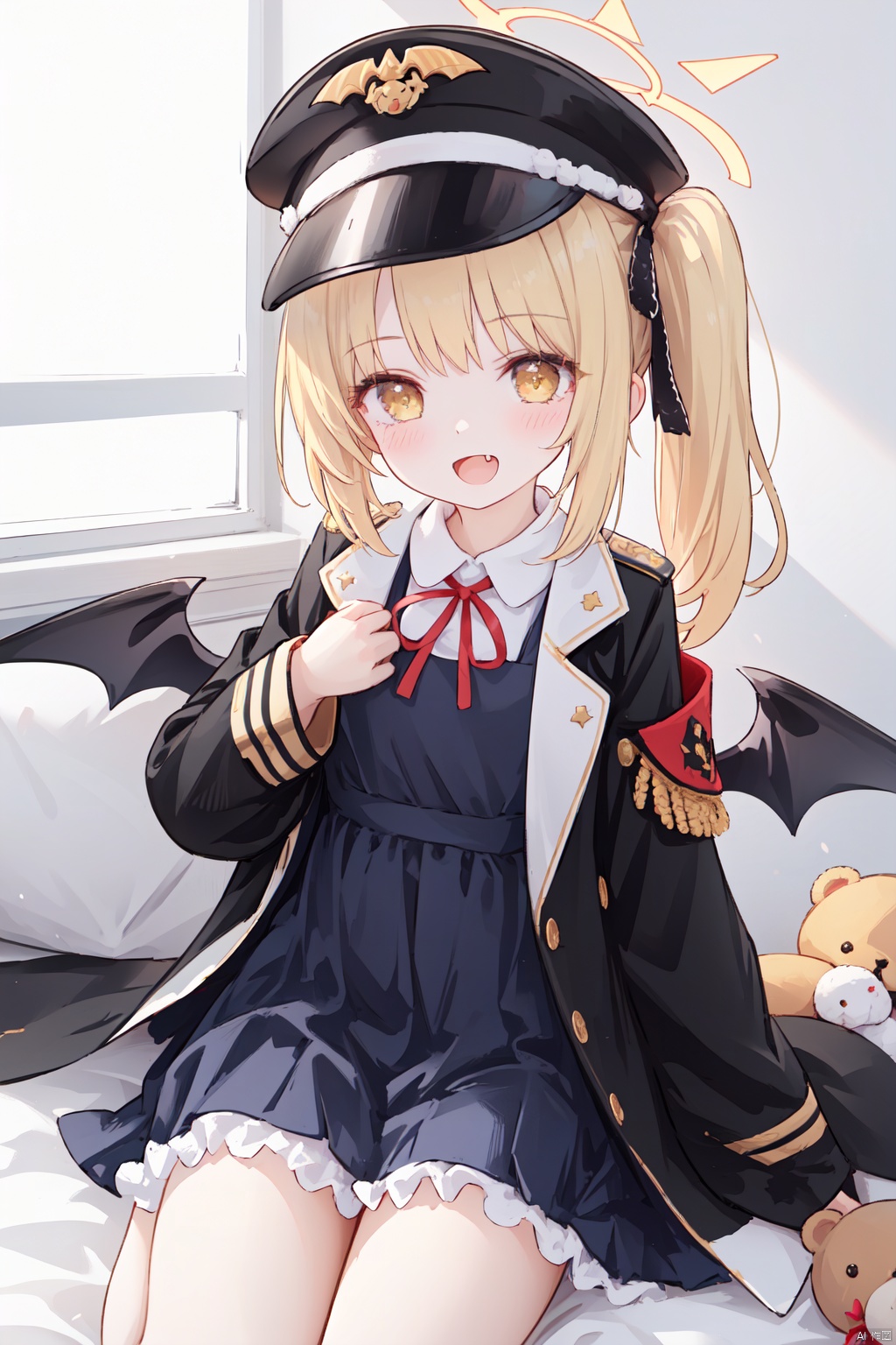 1girl,(masterpiece:1.3),( beautiful:1.2),(high quality:1.2),(finely detailed:1.2),extremely detailed CG unity 8k wallpaper,best quality,a very delicate and beautiful,perfect fingers,(one cute girl at the center:1.2),
blonde hair, long sleeves, dress, ribbon, black jacket, black uniform, military uniform, oversized_clothes, tail, yellow eyes, open clothes, wings, horns, black dress, side ponytail, sleeves past wrists, halo, stuffed toy, demon girl, stuffed animal, demon horns, demon tail, sleeves past fingers, demon wings, teddy bear, arm_band, peaked cap, military hat, black headwear, military, halo, ibukiBA,sunlight,open_mouth,smile,fang, fubukiBA