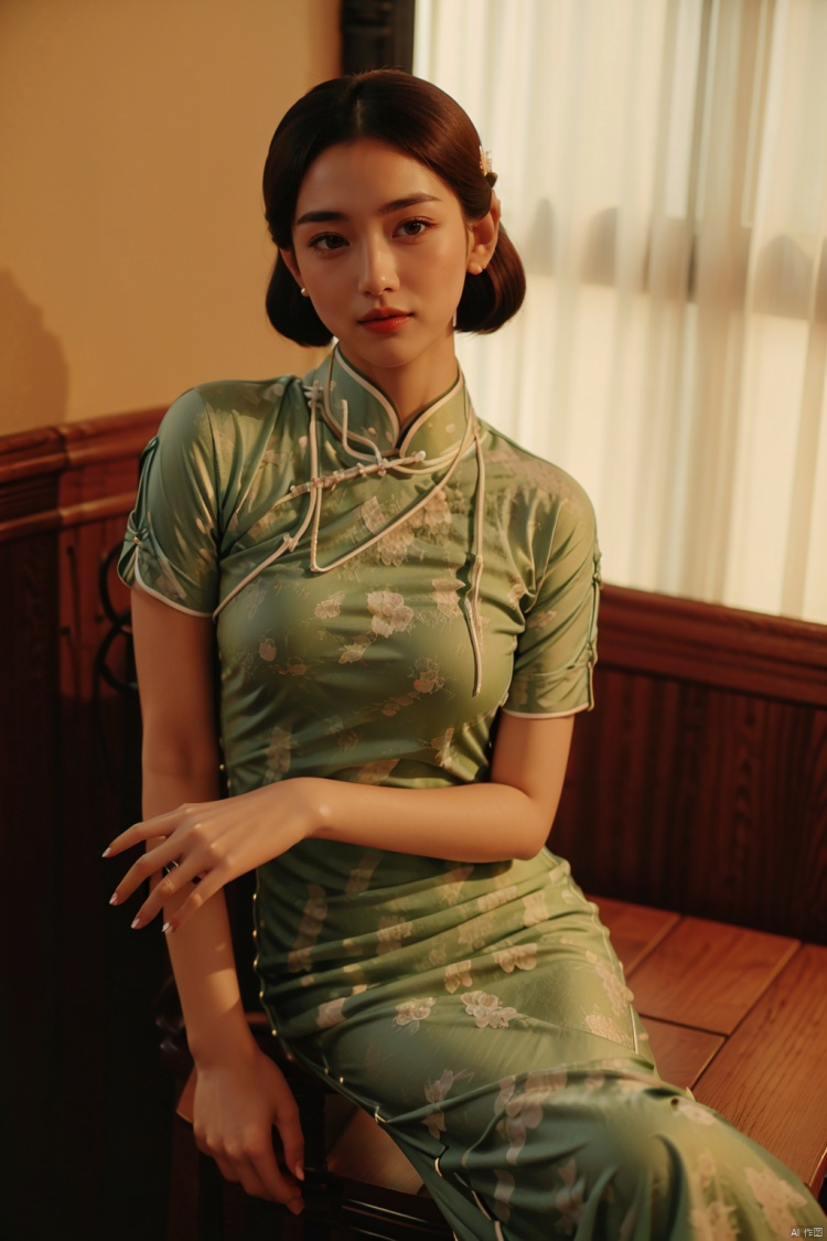 (global illumination, reality,ray tracing, HDR, unreal rendering, reasonable design, high detail, masterpiece,best quality, ultra high definition, movie lighting),
1girl,outdoor,looking_at_viewer,side_blunt_bangs,china_dress,chinese_style,big breasts,pose,solo,1girl,black hair,black eyes, , qipao