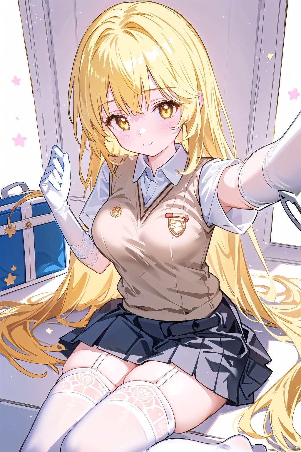  1girl,(masterpiece:1.3),( beautiful:1.2),(high quality:1.2),(finely detailed:1.2),extremely detailed CG unity 8k wallpaper,best quality,a very delicate and beautiful,perfect fingers,(one cute girl at the center:1.2),
misaki,long hair, breasts,bangs, skirt, blonde hair, large breasts, shirt, thighhighs, gloves, school uniform, yellow eyes, white shirt, short sleeves, pleated skirt, elbow gloves, white gloves,bag, white thighhighs, zettai ryouiki, symbol-shaped pupils, v, sweater vest, + +, handbag, tokiwadai school uniform, v-neck, v over eye, ;q, spider web print, shokuhoumisaki,misaki,