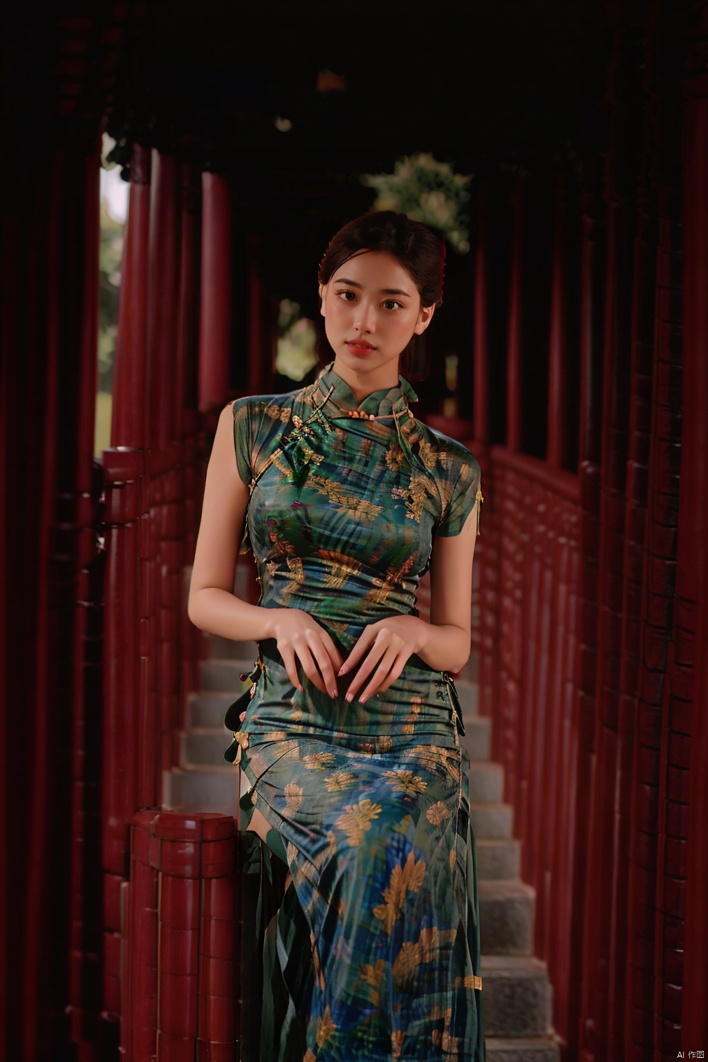 (global illumination, reality,ray tracing, HDR, unreal rendering, reasonable design, high detail, masterpiece,best quality, ultra high definition, movie lighting),
1girl,outdoor,looking_at_viewer,side_blunt_bangs,china_dress,chinese_style,big breasts,pose,solo,1girl,black hair,black eyes, , qipao