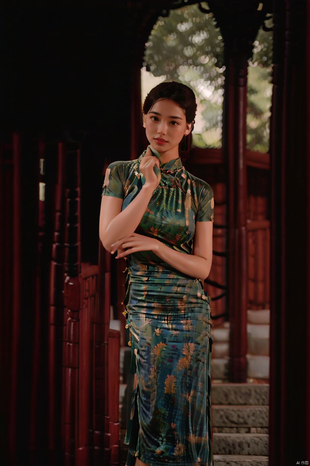 (global illumination, reality,ray tracing, HDR, unreal rendering, reasonable design, high detail, masterpiece,best quality, ultra high definition, movie lighting),
1girl,outdoor,looking_at_viewer,side_blunt_bangs,china_dress,chinese_style,big breasts,pose,solo,1girl,black hair,black eyes, , qipao