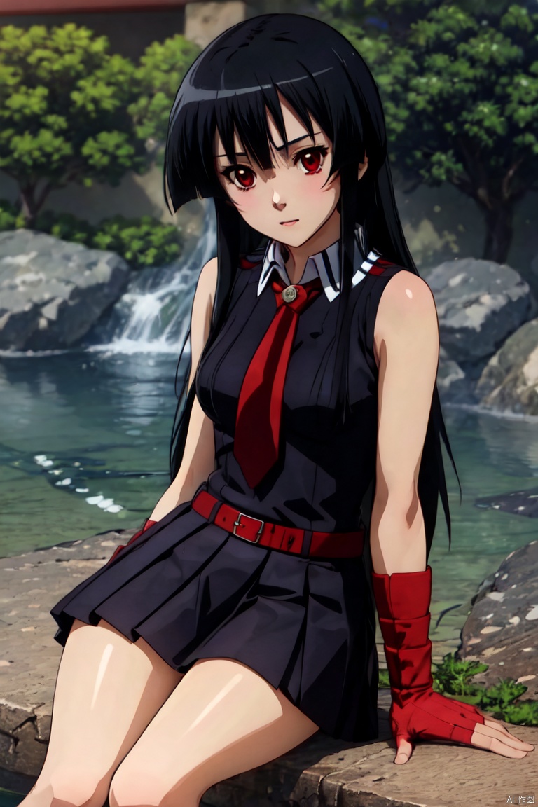 1girl,solo,Black hair, long hair, bangs, red eyes, black clothes, sailor suit, shirt, sleeveless, pleated skirt, red tie, red belt,Wristband,,Out in the open, Sit on a rock.