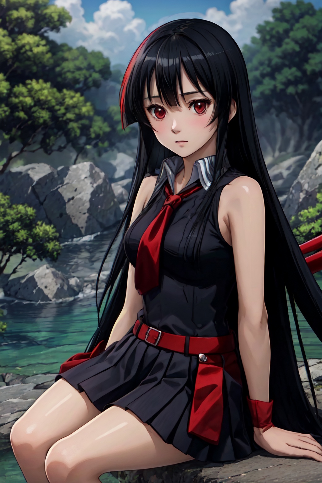 1girl,solo,Black hair, long hair, bangs, red eyes, black clothes, sailor suit, shirt, sleeveless, pleated skirt, red tie, red belt,Wristband,,At night, under the night sky, by the lake outdoors, a girl sits on a stone<lora:EMS-93-EMS:0.500000>, <lora:EMS-328304-EMS:1.000000>, <lora:EMS-1197-EMS:0.200000>