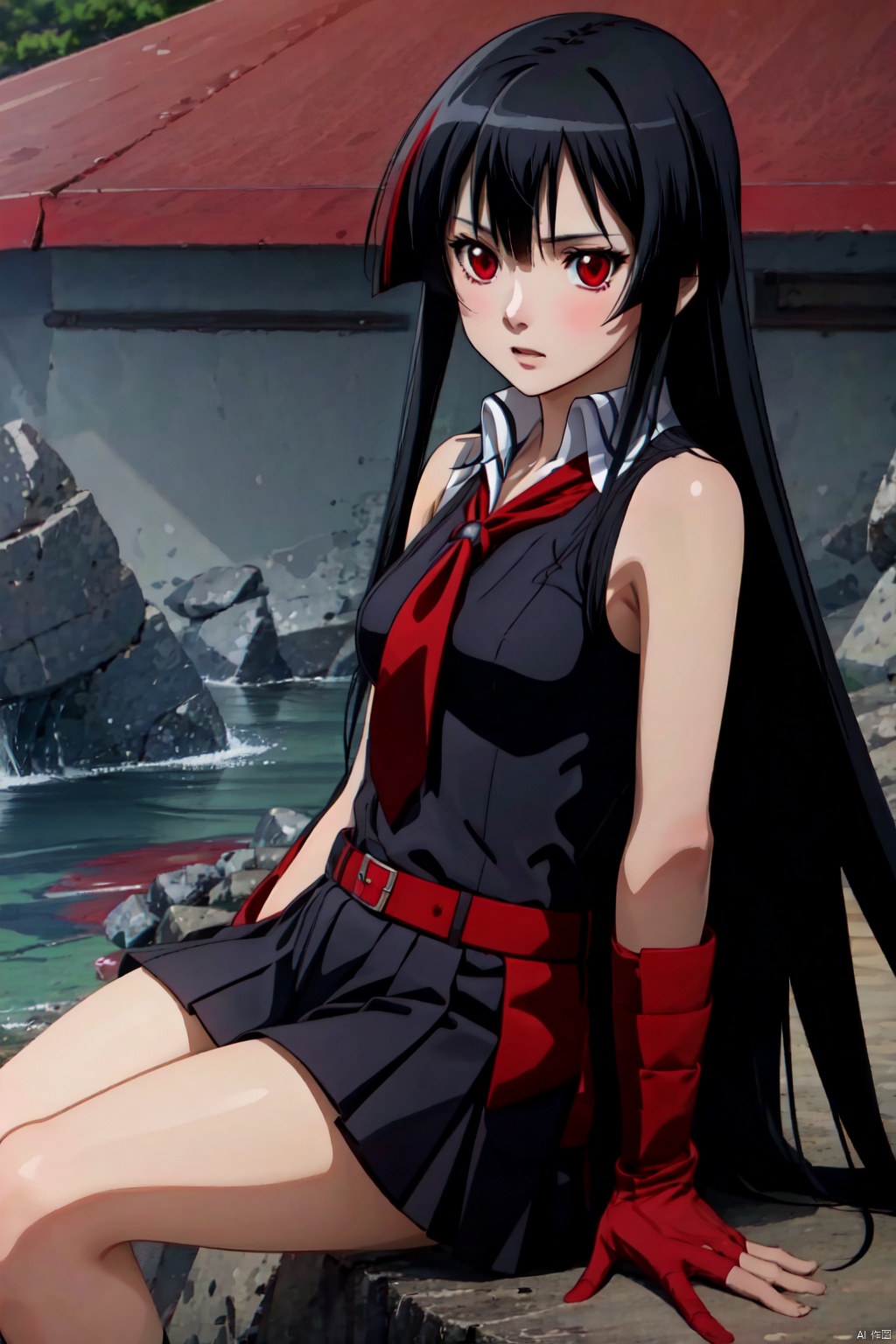 1girl,solo,Black hair, long hair, bangs, red eyes, black clothes, sailor suit, shirt, sleeveless, pleated skirt, red tie, red belt,Wristband,,Out in the open, Sit on a rock.