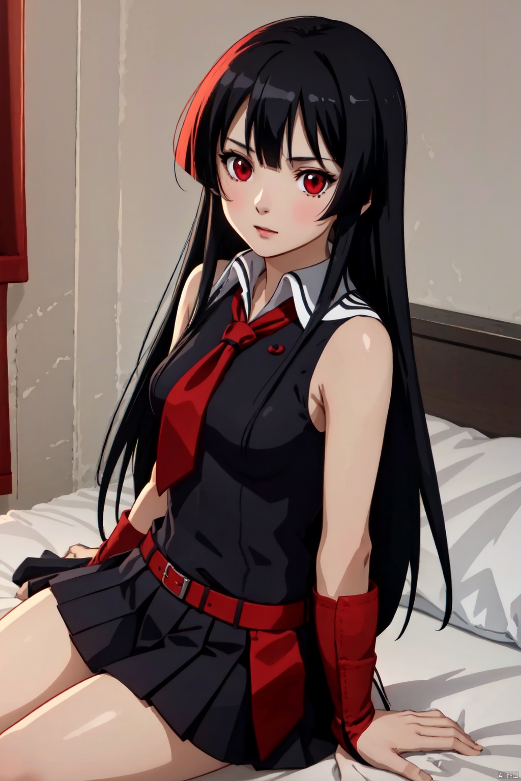 1girl,solo,Black hair, long hair, bangs, red eyes, black clothes, sailor suit, shirt, sleeveless, pleated skirt, red tie, red belt,Wristband,,Inside, sitting on the bed