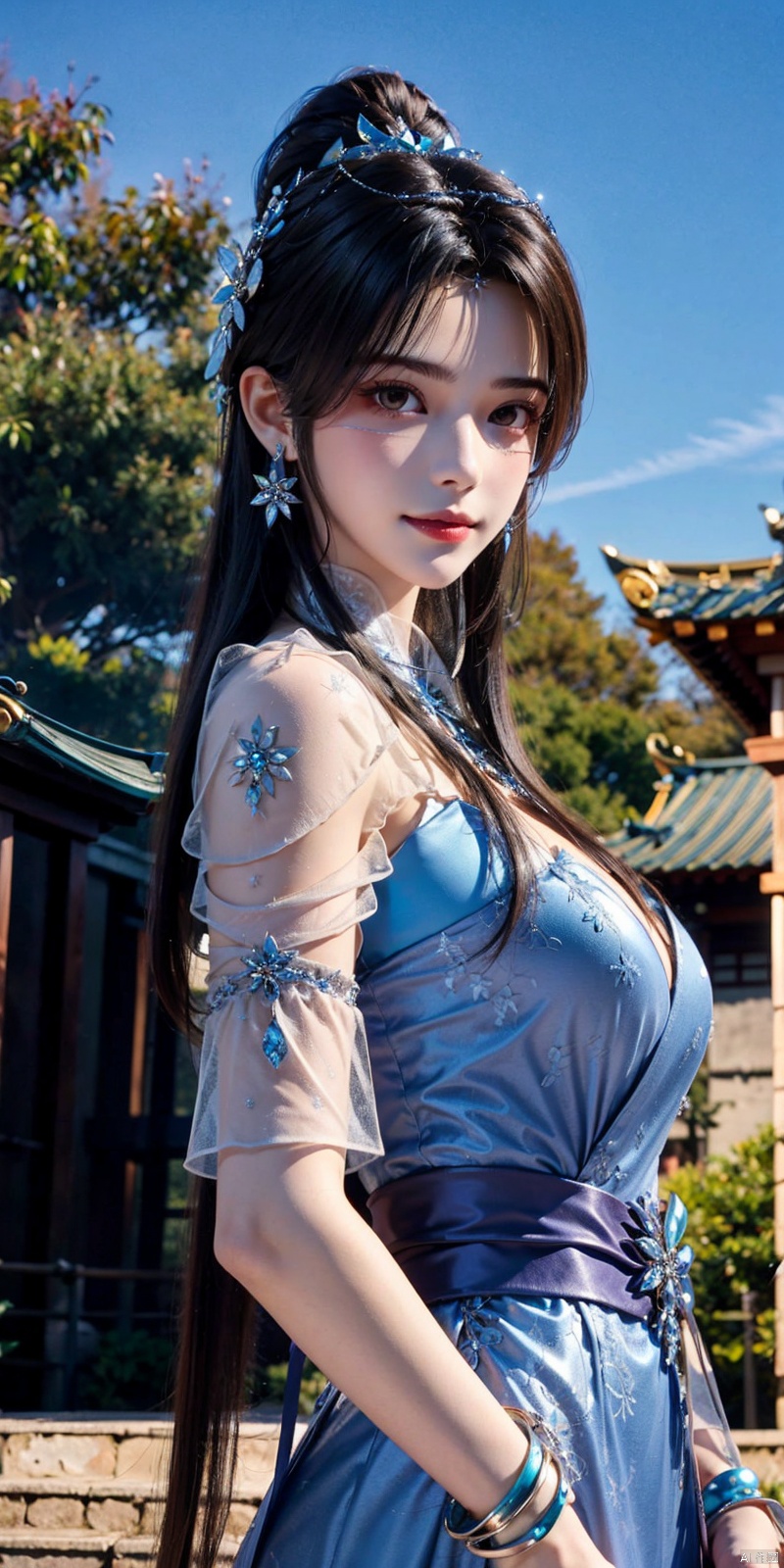  (Good structure),cowboy_shot, DSLR Quality,Depth of field ,looking_at_viewer,Dynamic pose, , kind smile,
xiaqingyue, 1girl, dress, black hair, jewelry, solo, blue sky, sky, blue dress, bracelet, long hair