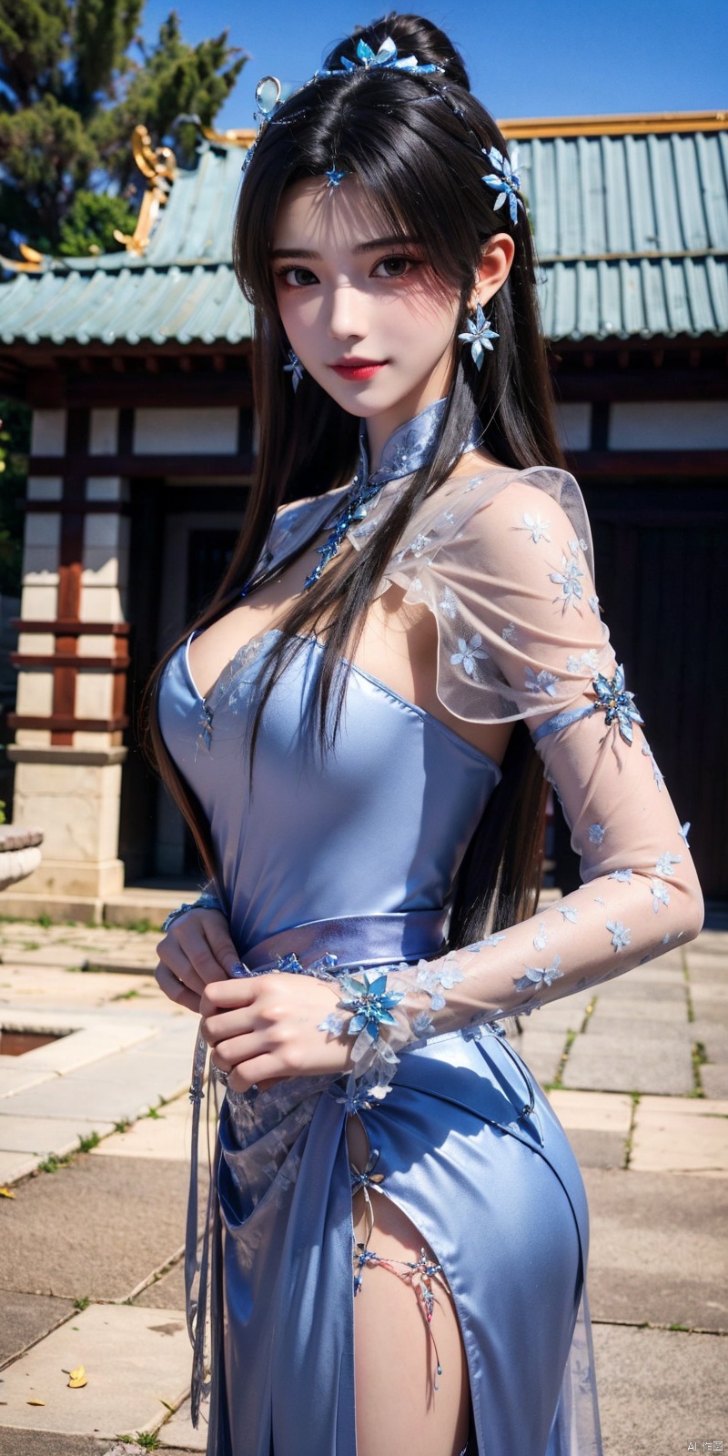  (Good structure),cowboy_shot, DSLR Quality,Depth of field ,looking_at_viewer,Dynamic pose, , kind smile,
xiaqingyue, 1girl, dress, black hair, jewelry, solo, blue sky, sky, blue dress, bracelet, long hair