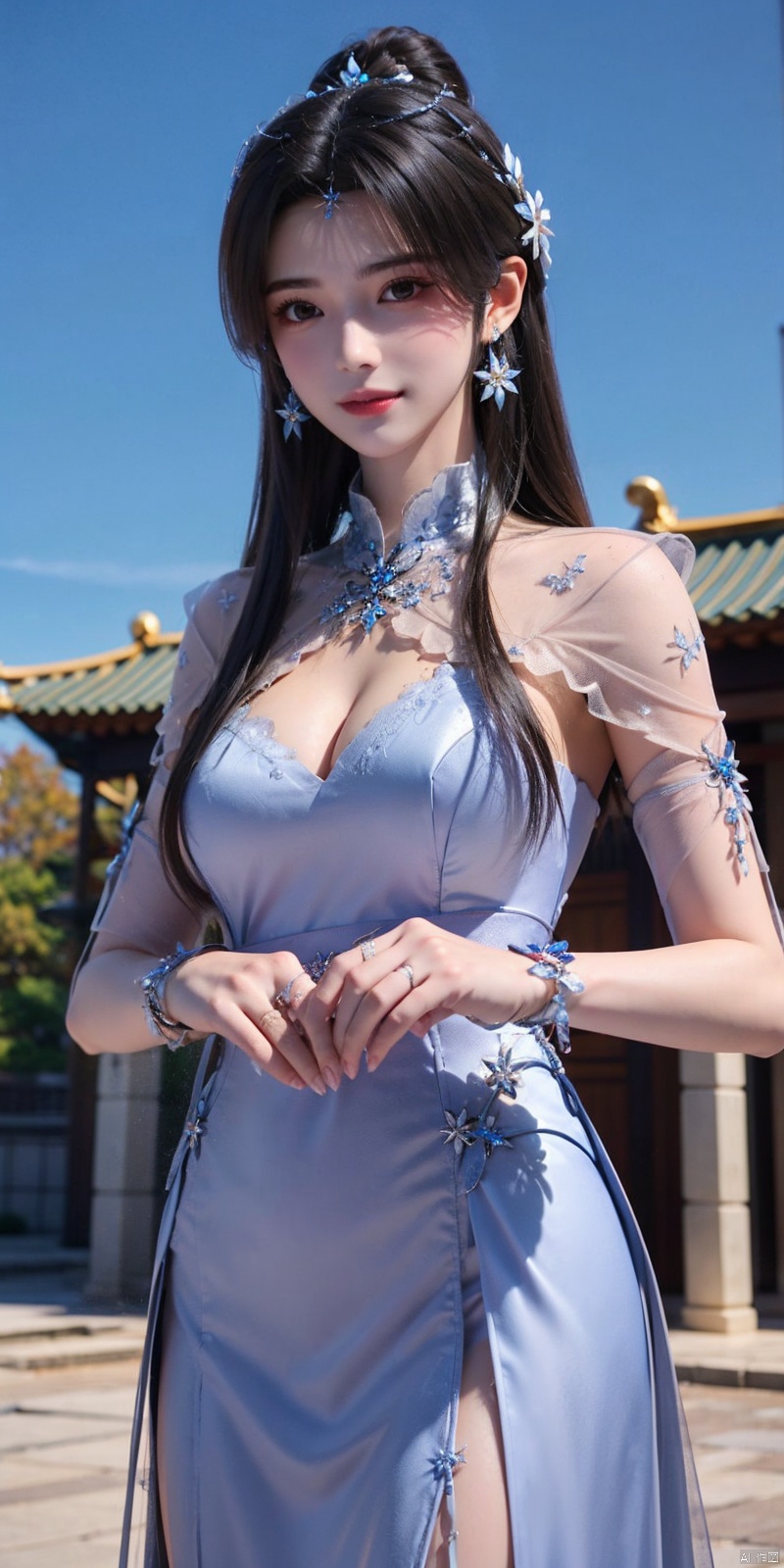  (Good structure),cowboy_shot, DSLR Quality,Depth of field ,looking_at_viewer,Dynamic pose, , kind smile,
xiaqingyue, 1girl, dress, black hair, jewelry, solo, blue sky, sky, blue dress, bracelet, long hair