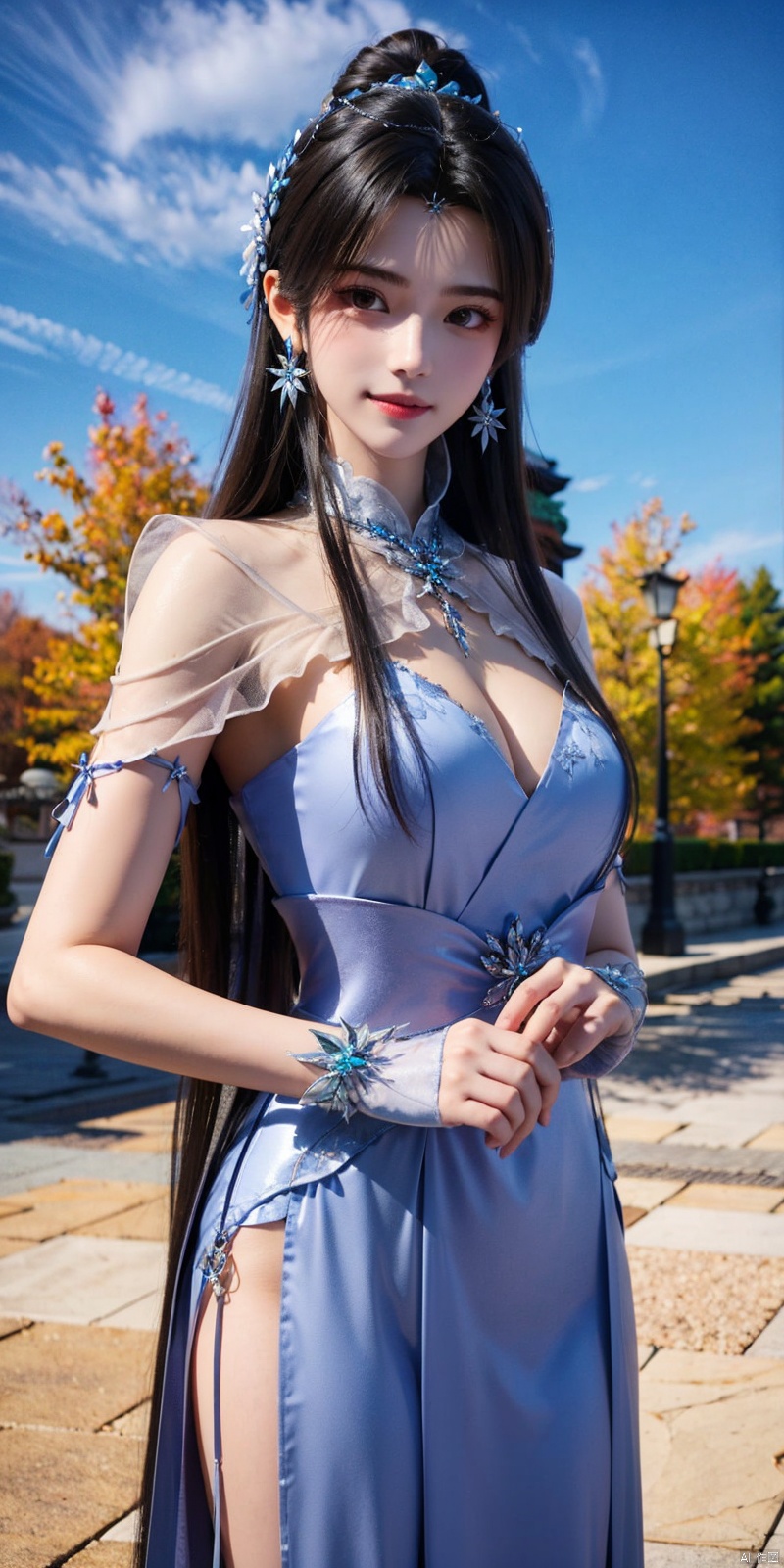  (Good structure),cowboy_shot, DSLR Quality,Depth of field ,looking_at_viewer,Dynamic pose, , kind smile,
xiaqingyue, 1girl, dress, black hair, jewelry, solo, blue sky, sky, blue dress, bracelet, long hair