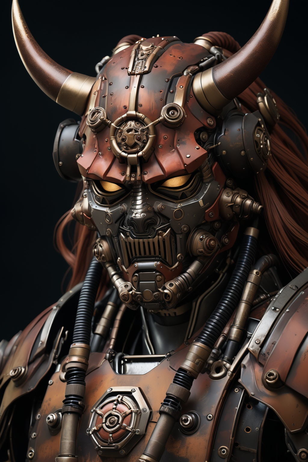 samurai, japanese armor, portrait, rust, rusty robot, machinery, cable, pipe, science fiction, mecha, oni face mask, horns, black background, masterpiece, best quality, aesthetic, realistic, raw photo, 